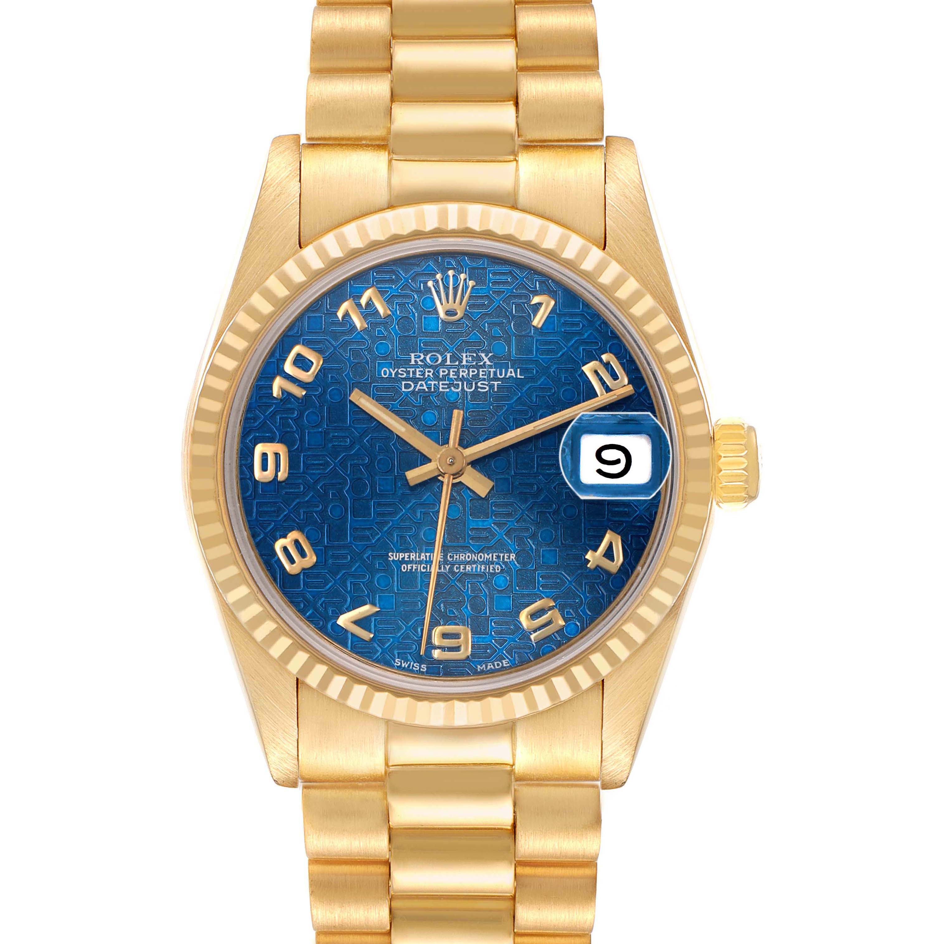 The image shows a frontal view of a Rolex President 68278 Women's Yellow Gold Blue Dial model with a gold bracelet, fluted bezel, blue dial, and date feature.