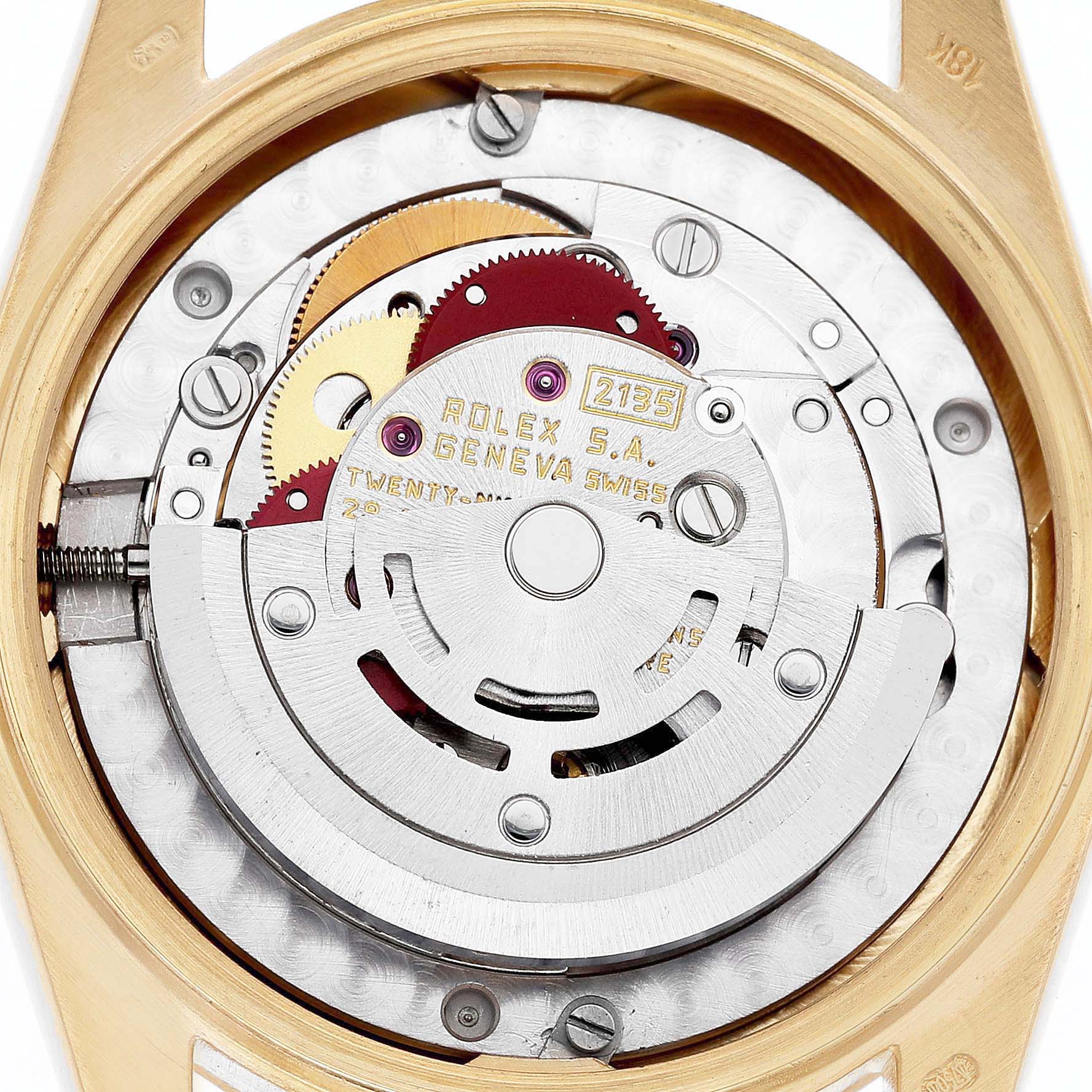 The image shows the internal mechanism of a Rolex President 68278 Women's Yellow Gold Blue Dial model watch from a top-down angle.