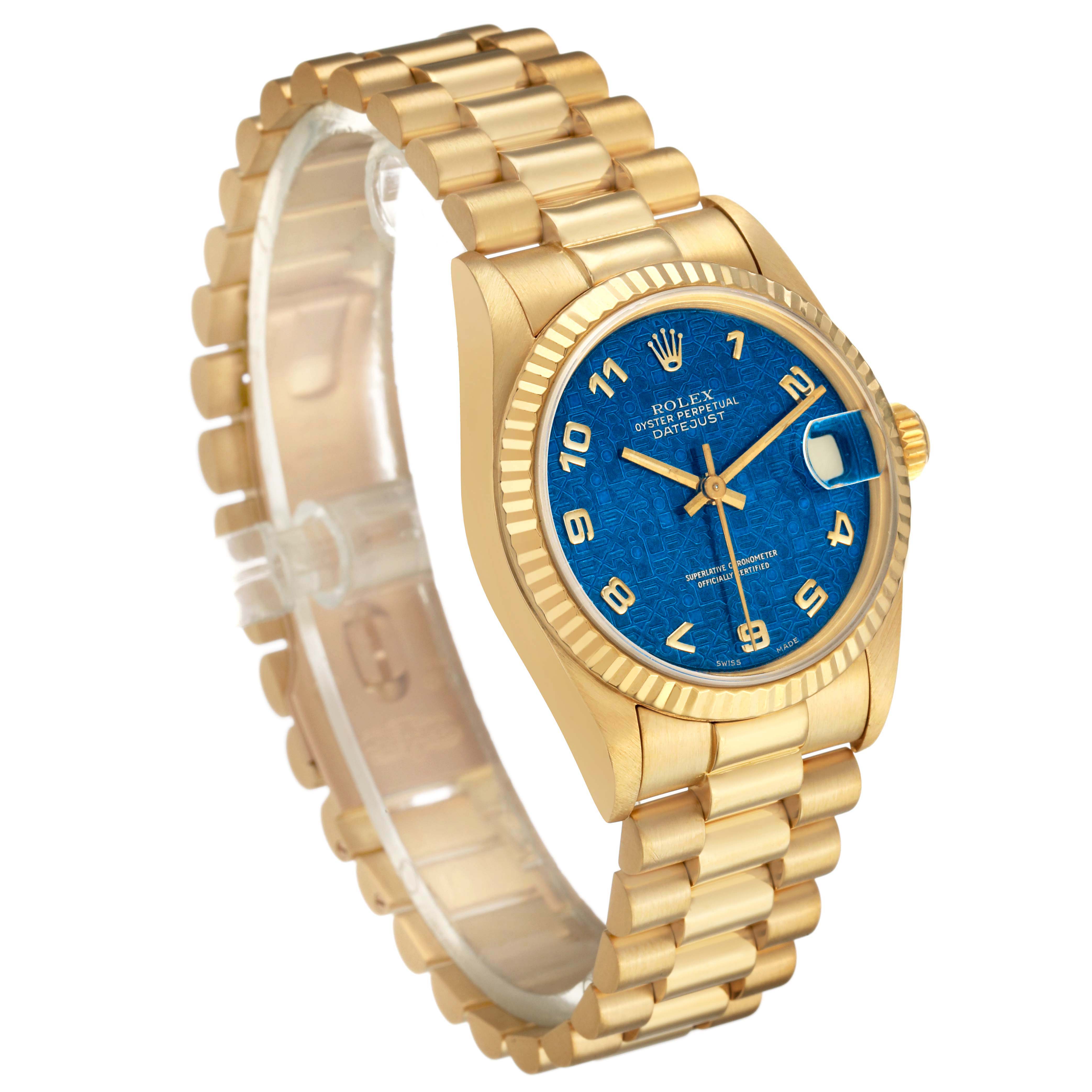 The Rolex President 68278 Women's Yellow Gold Blue Dial model watch is angled showing the blue dial, fluted bezel, and gold bracelet.