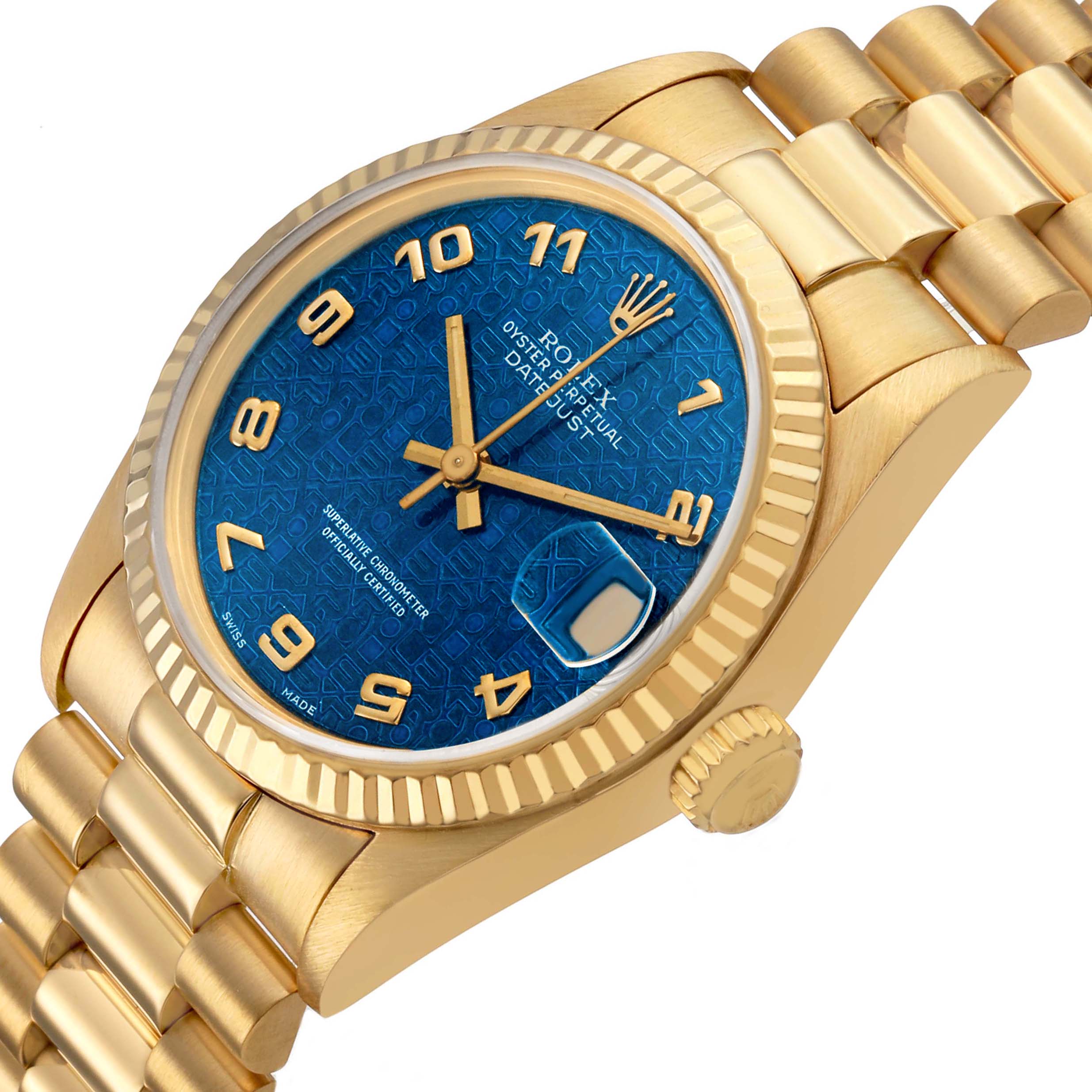The Rolex President 68278 Women's Yellow Gold Blue Dial model watch is shown at a three-quarter angle, highlighting the blue dial, gold case, bezel, and part of the bracelet.