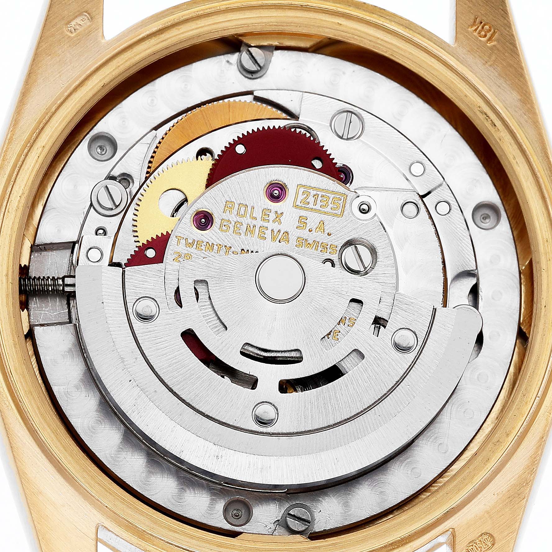 This image shows the Rolex President 68278 Women's Yellow Gold Blue Dial model's movement from the back, displaying gears and the rotor.