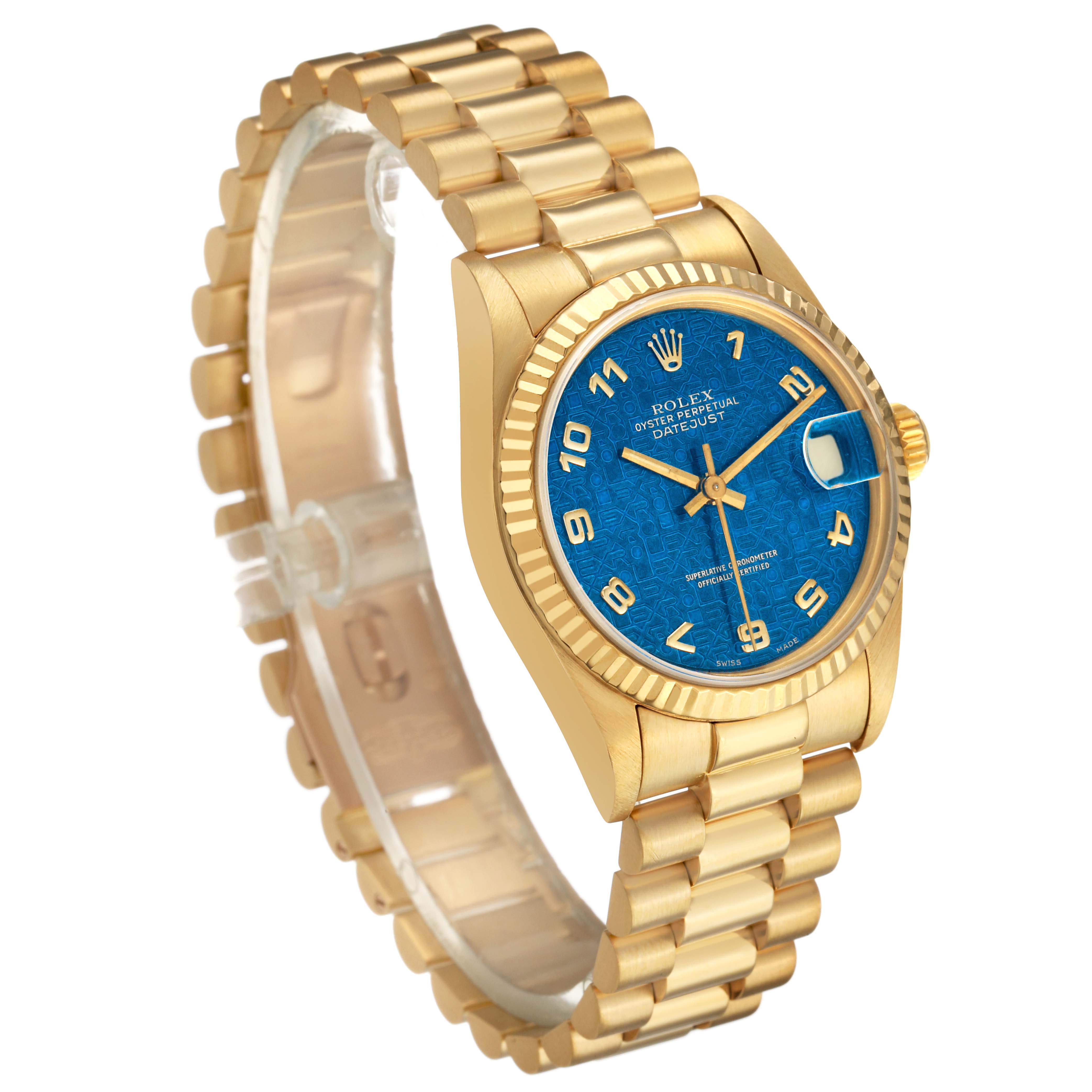 The Rolex President 68278 Women's Yellow Gold Blue Dial watch is shown at a three-quarter angle, highlighting its gold bracelet, blue dial, and bezel.