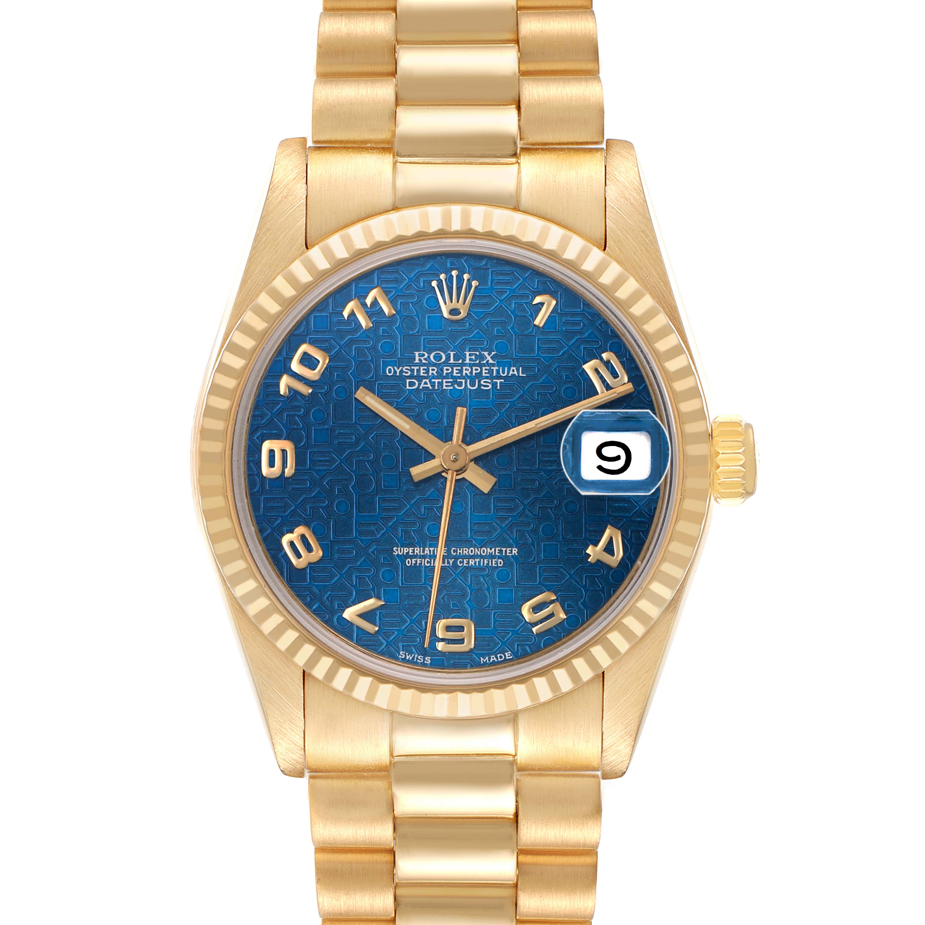 The Rolex President 68278 Women's Yellow Gold Blue Dial model watch is shown from a front view, highlighting its blue dial, gold case, and bracelet.
