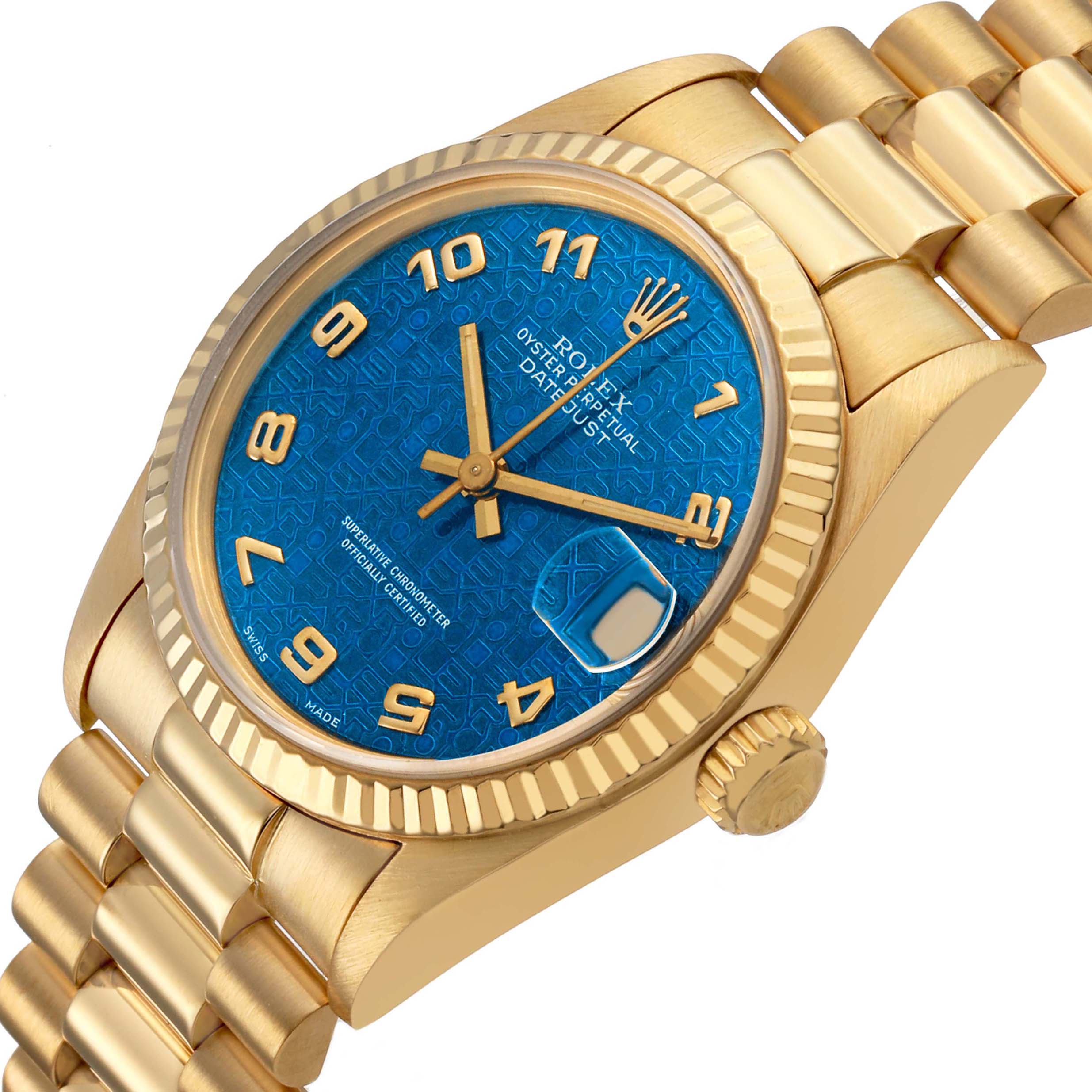 The Rolex President 68278 Women's Yellow Gold Blue Dial model is shown at an angle highlighting the watch face, fluted bezel, and linked bracelet.