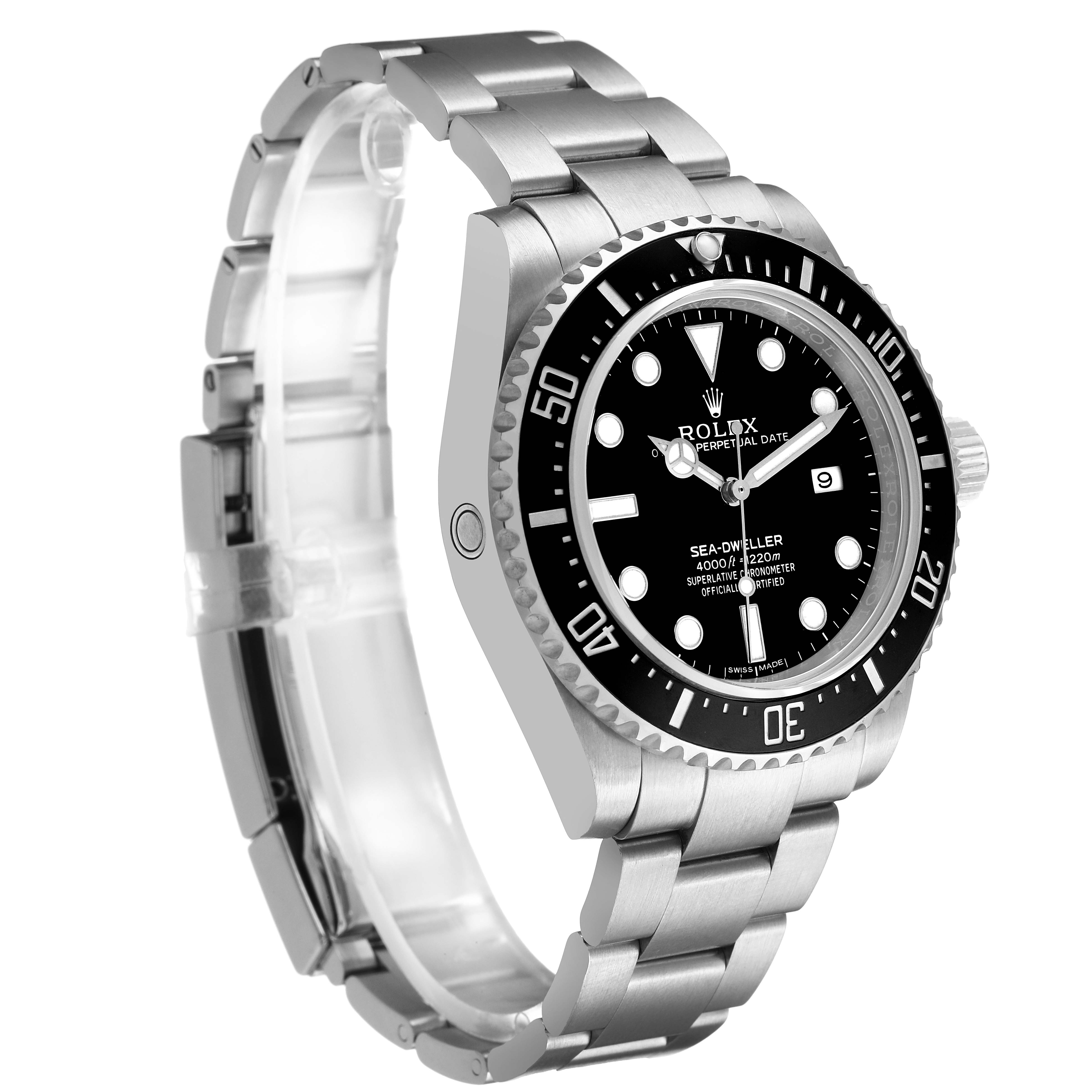 The Rolex Sea-Dweller 116600 Men's Stainless Steel Black Dial watch is shown from a three-quarter angle, displaying the bezel, dial, and bracelet.