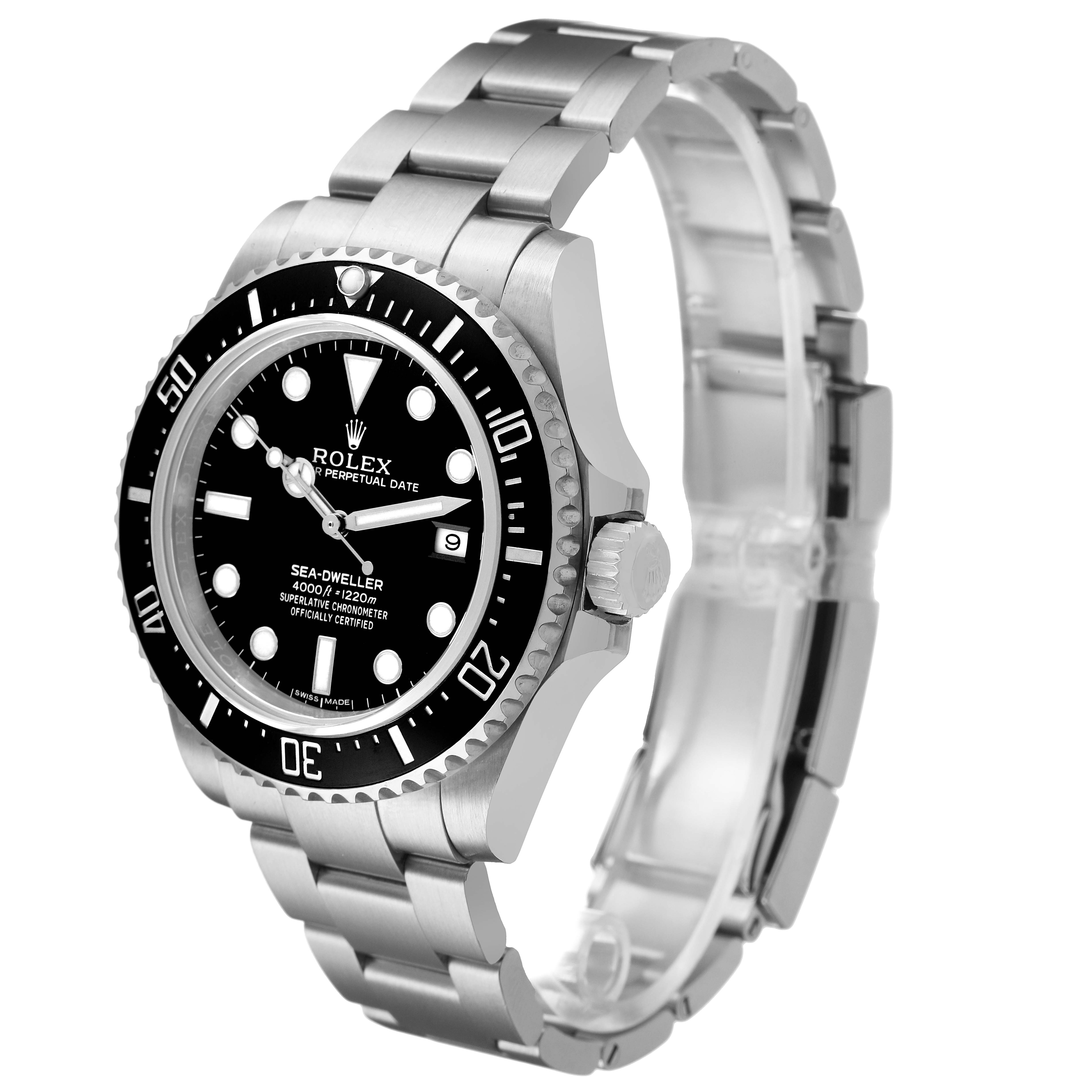 The Rolex Sea-Dweller 116600 Men's Stainless Steel Black Dial is shown at a three-quarter view, displaying the dial, bezel, and bracelet.