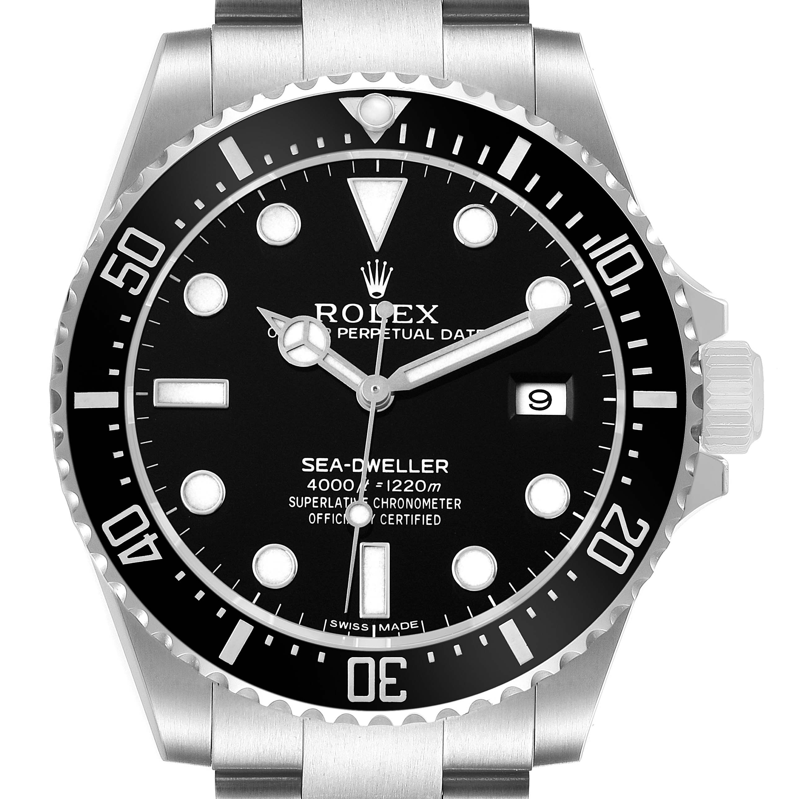 The Rolex Sea-Dweller 116600 Men's Stainless Steel Black Dial watch is shown from the front, highlighting its dial, bezel, and date feature.