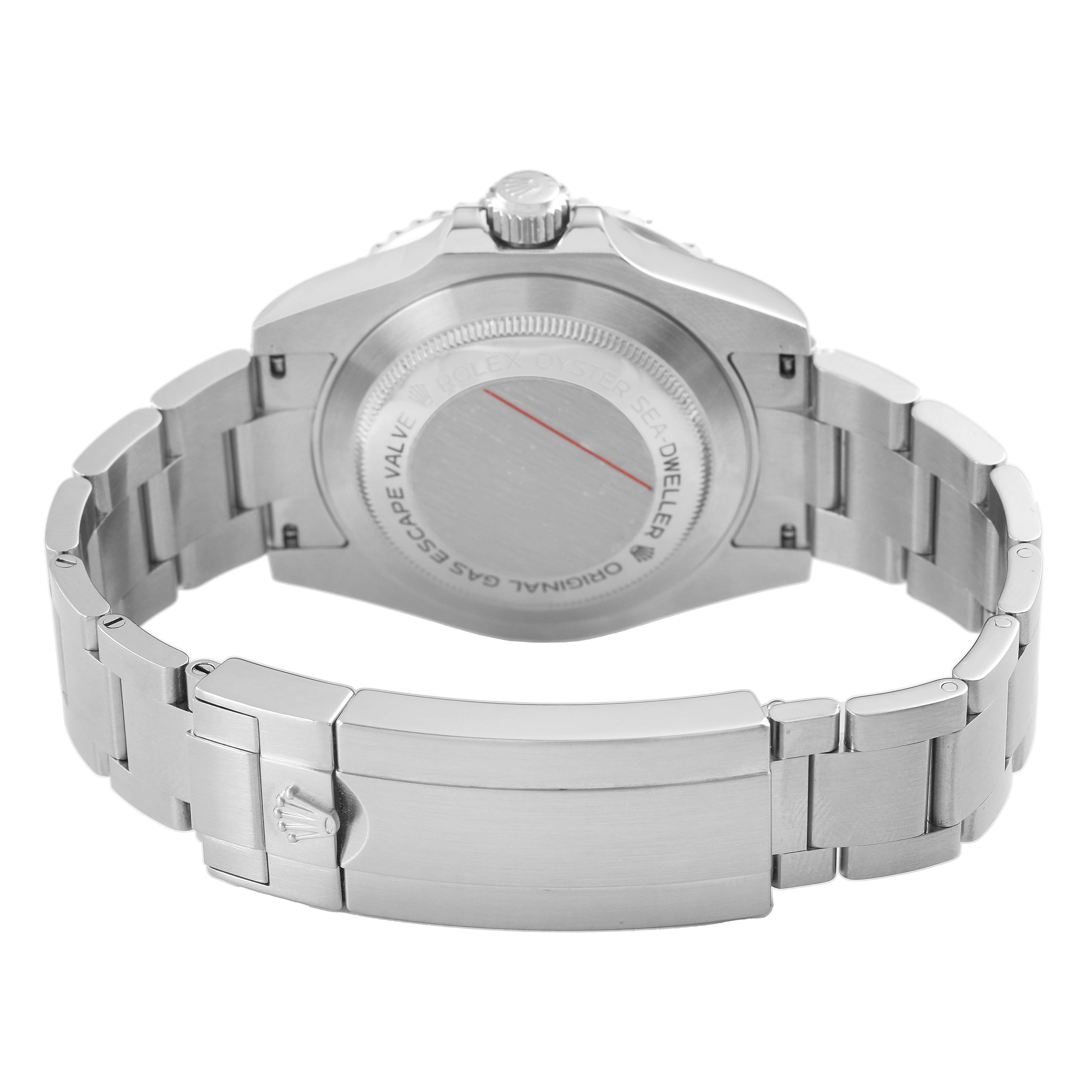 The image shows the Rolex Sea-Dweller 116600 Men's Stainless Steel Black Dial's back case and bracelet, focusing on the clasp and rear of the watch.