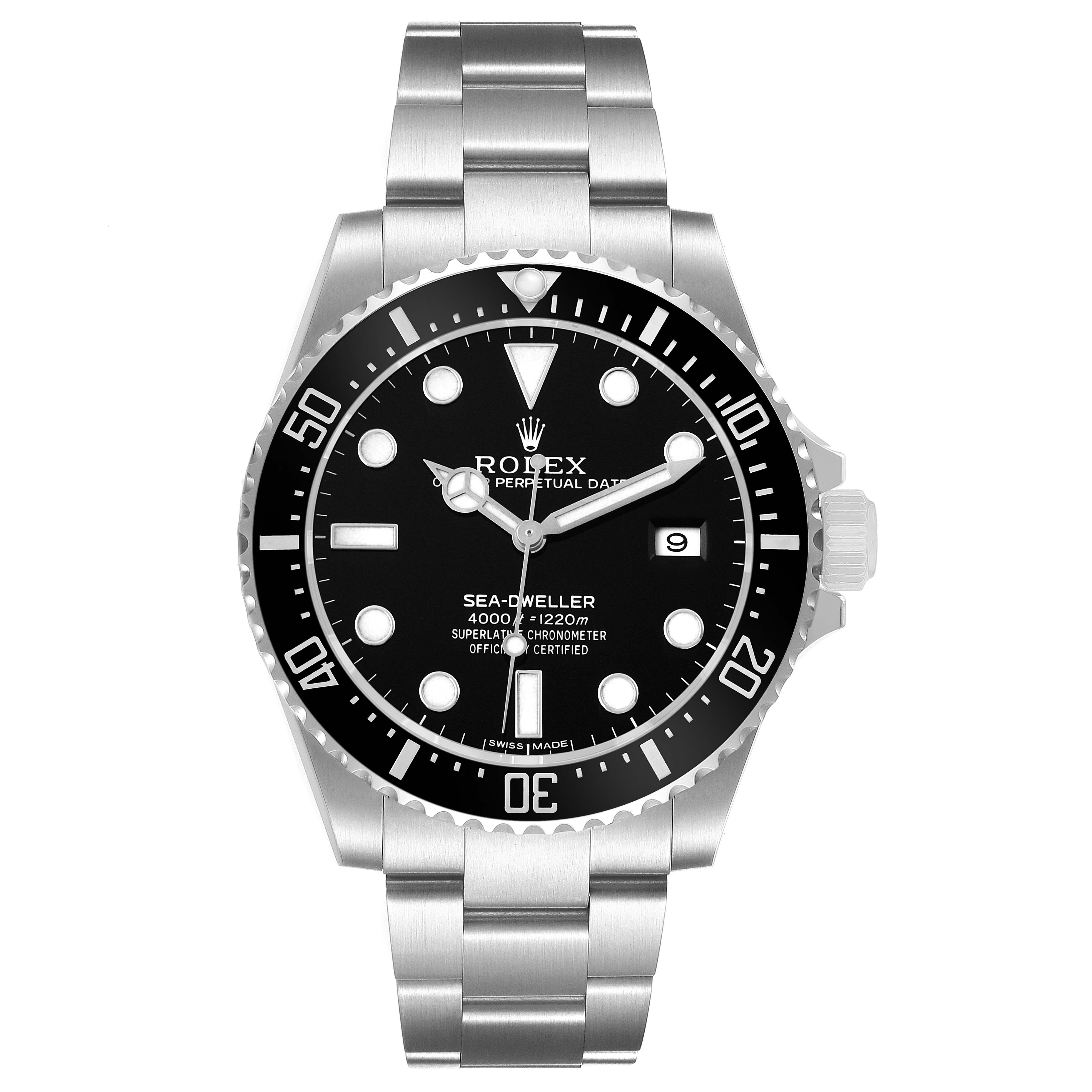 The Rolex Sea-Dweller 116600 Men's Stainless Steel Black Dial watch is shown from the front, displaying the dial, bezel, and bracelet clearly.