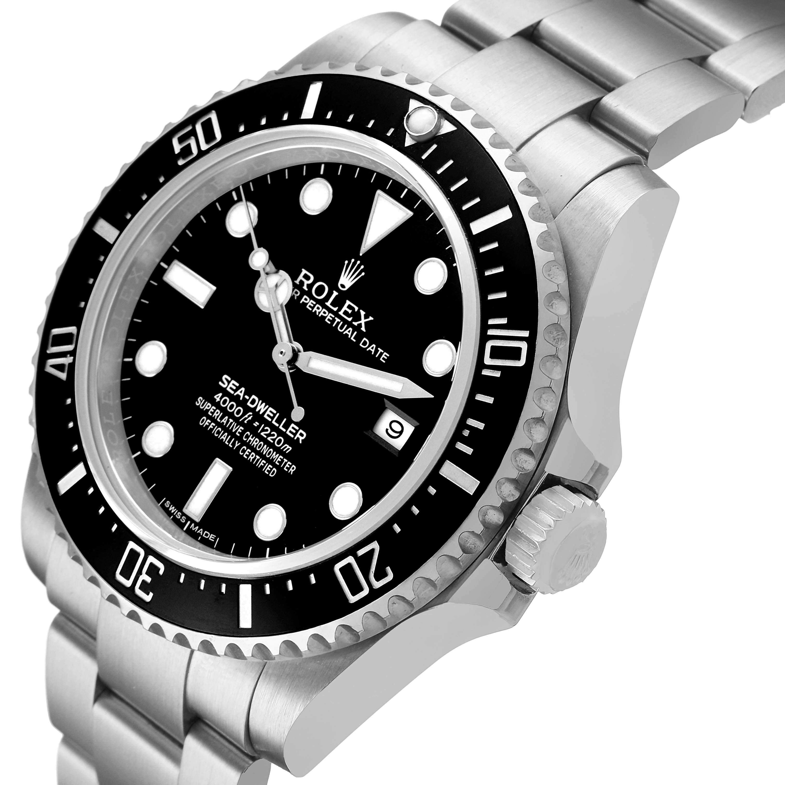 The Rolex Sea-Dweller 116600 Men's Stainless Steel Black Dial watch is shown at an angle displaying the black dial, bezel, crown, and part of the stainless steel bracelet.