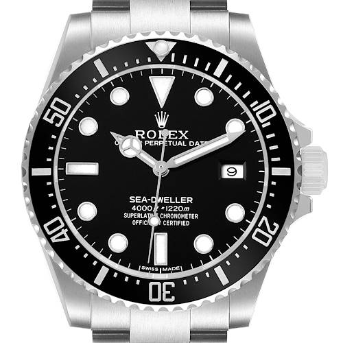 The Rolex Sea-Dweller 116600 Men's Stainless Steel Black Dial watch is shown from a front angle, highlighting its dial, bezel, and crown.