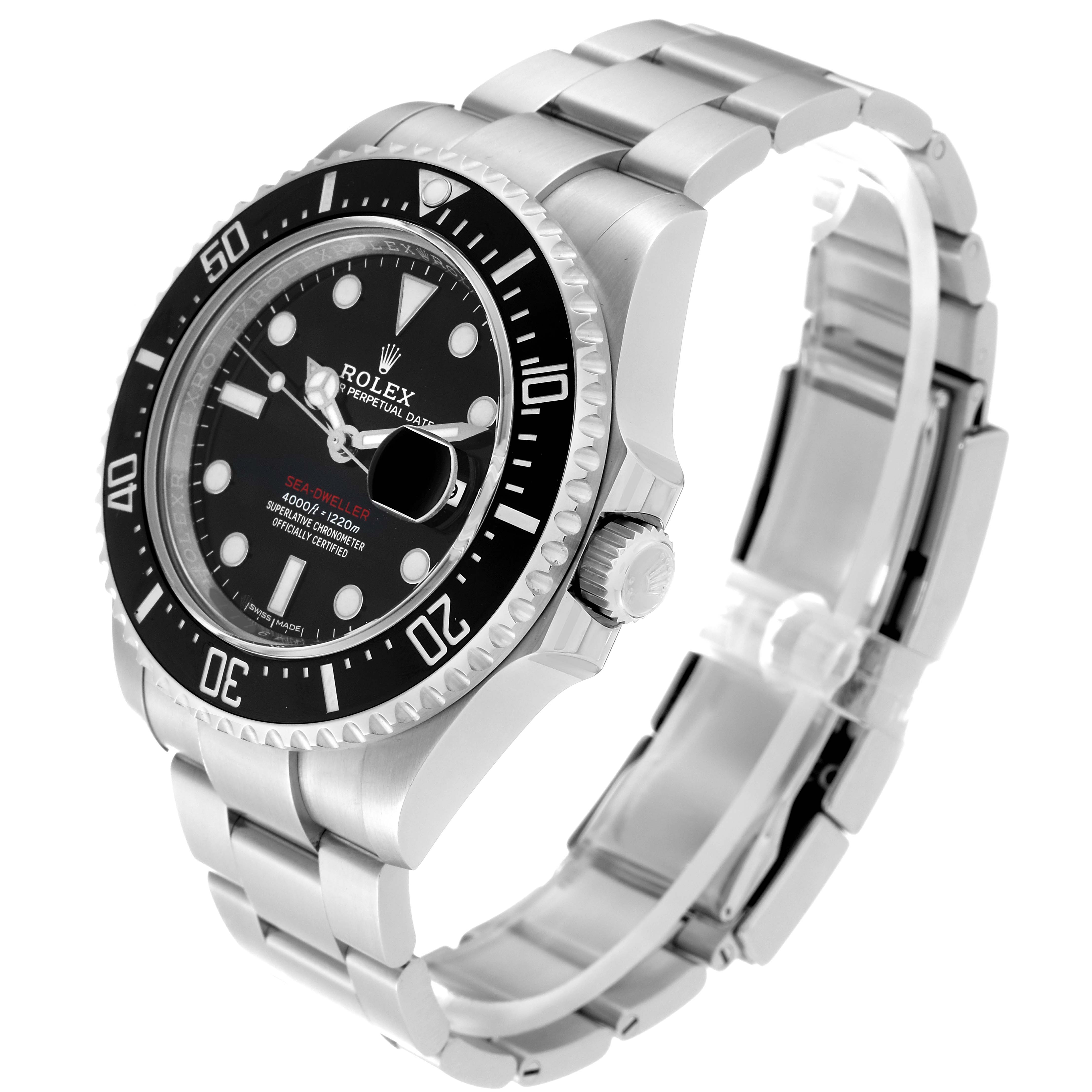 The Rolex Sea-Dweller 126600 Men
s Stainless Steel Black Dial 126600 Men
s Stainless Steel Black Dial watch is shown at a three-quarter angle, showcasing the dial, bezel, crown, and stainless steel bracelet.