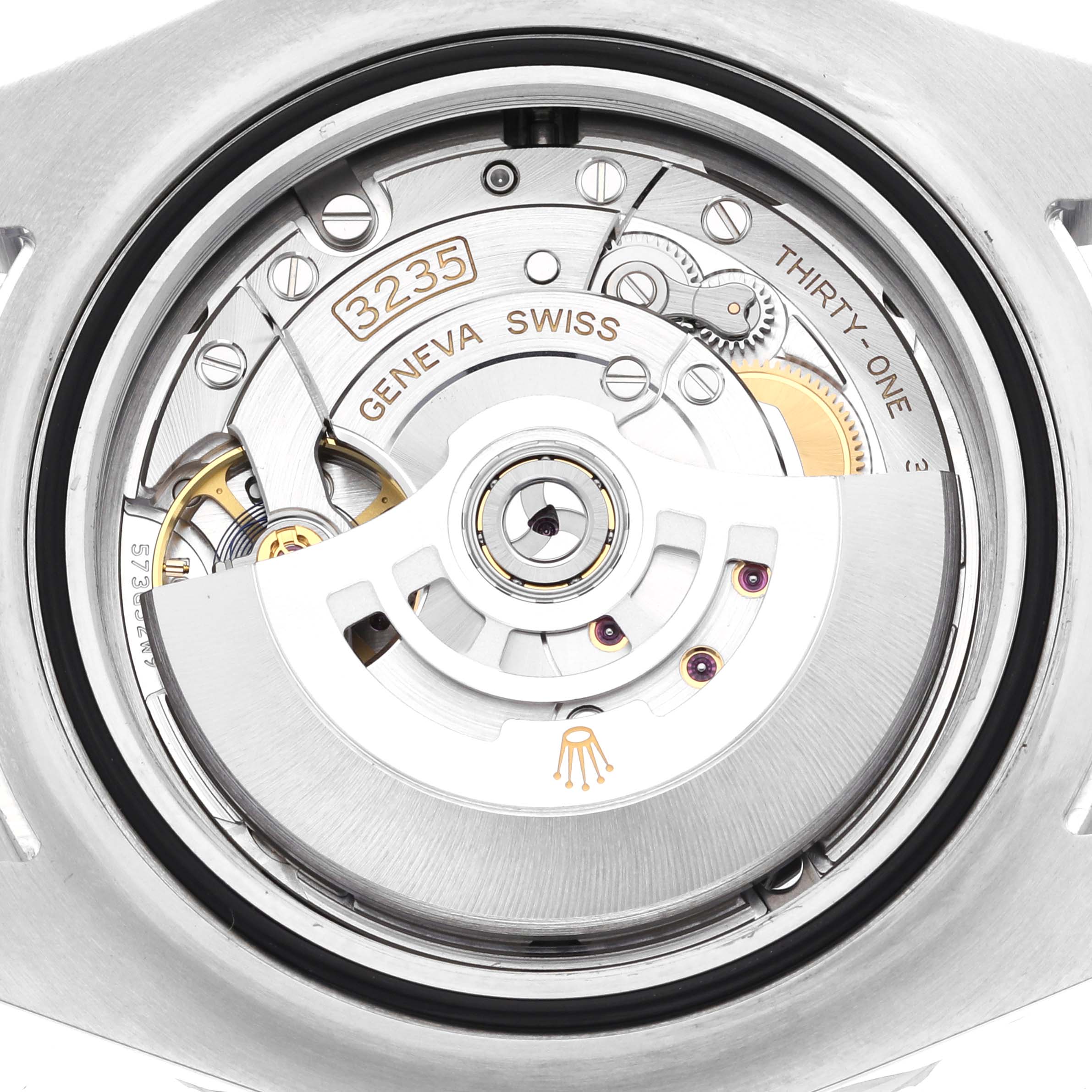 The image shows the internal mechanism of a Rolex Sea-Dweller 126600 Men
s Stainless Steel Black Dial 126600 Men
s Stainless Steel Black Dial watch, including the Geneva stripes and caliber 3235.