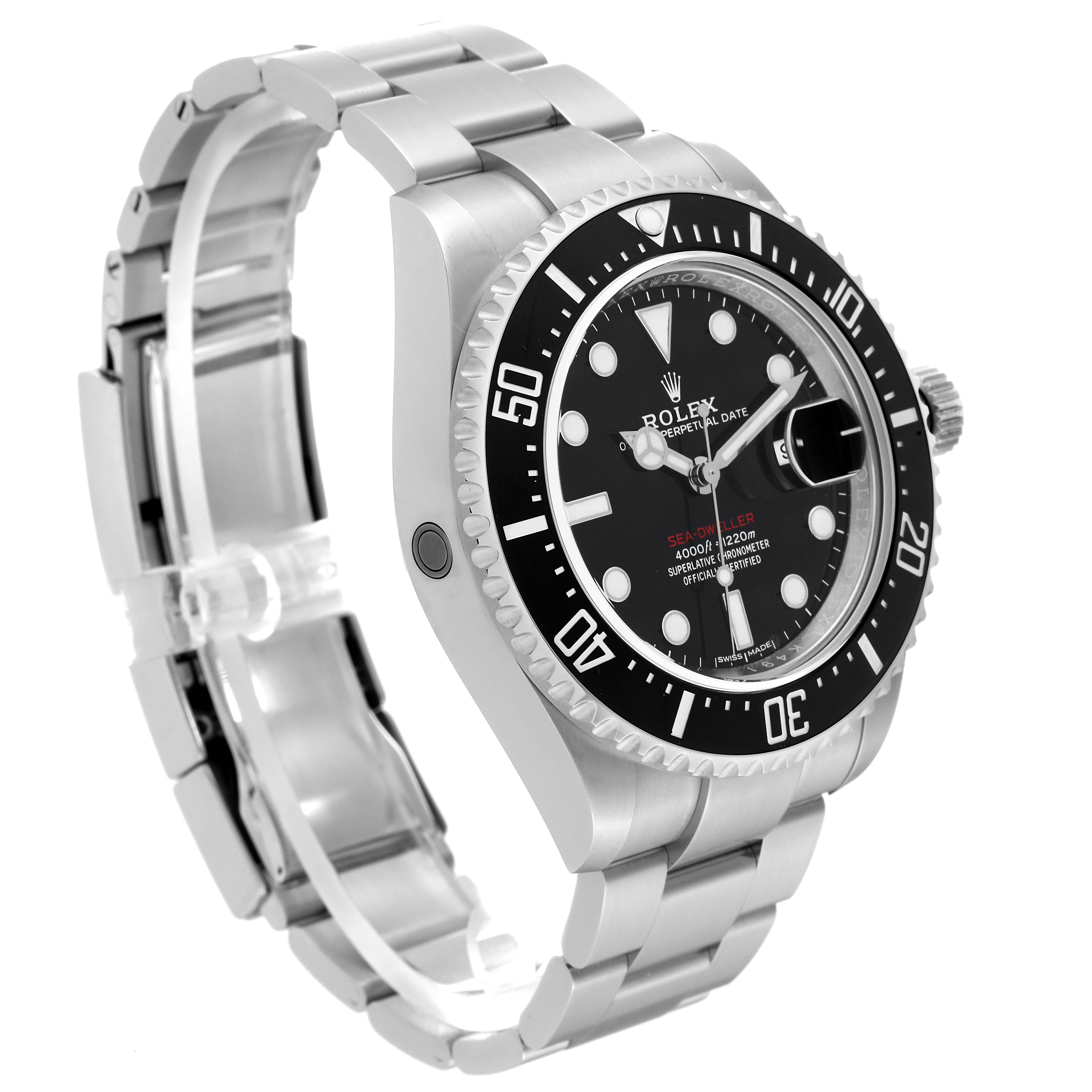 The Rolex Sea-Dweller 126600 Men
s Stainless Steel Black Dial 126600 Men
s Stainless Steel Black Dial watch is shown at a slight angle, featuring its face, bezel, crown, and part of its bracelet.