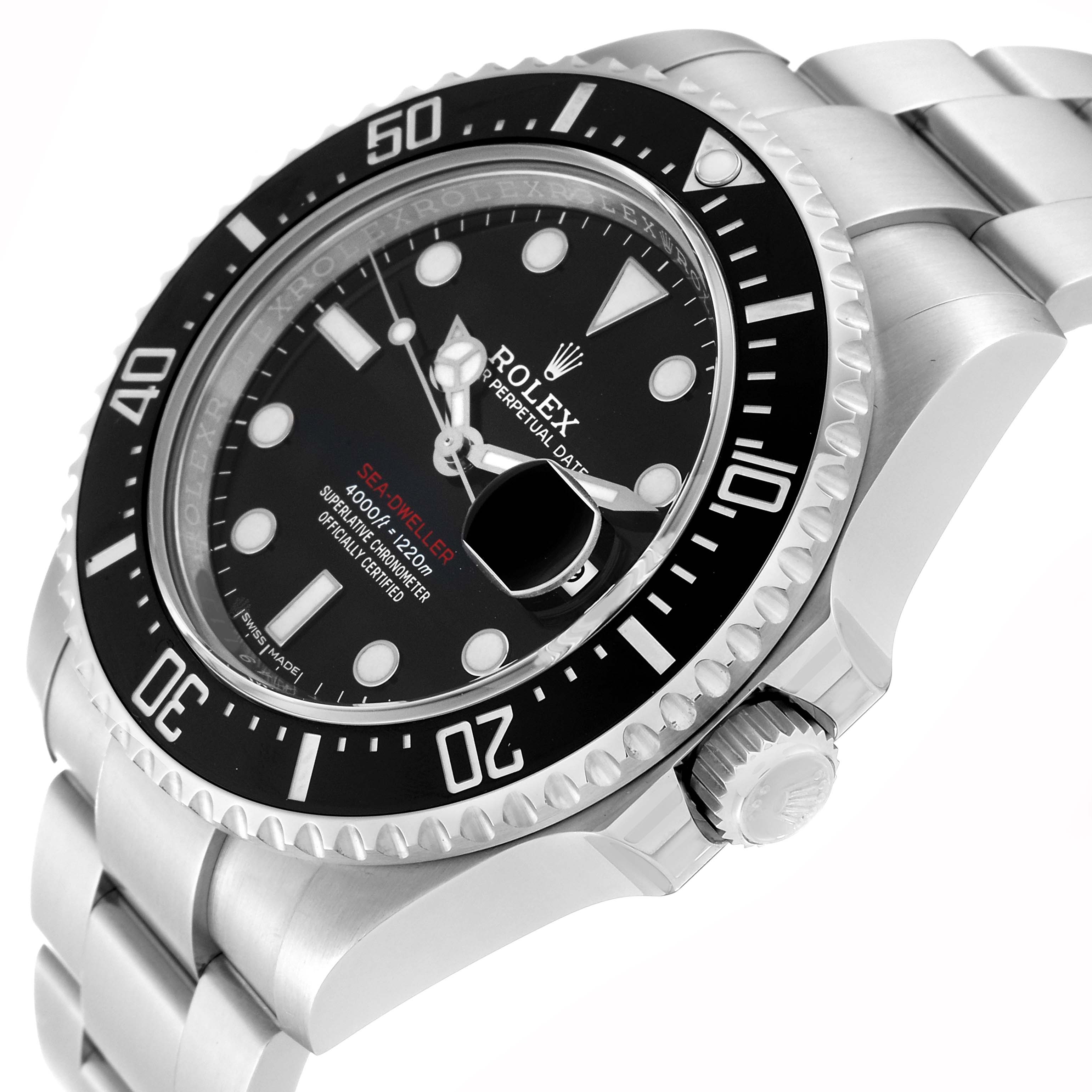 The image shows a close-up angle of the face, bezel, and crown of a Rolex Sea-Dweller 126600 Men
s Stainless Steel Black Dial 126600 Men
s Stainless Steel Black Dial watch.