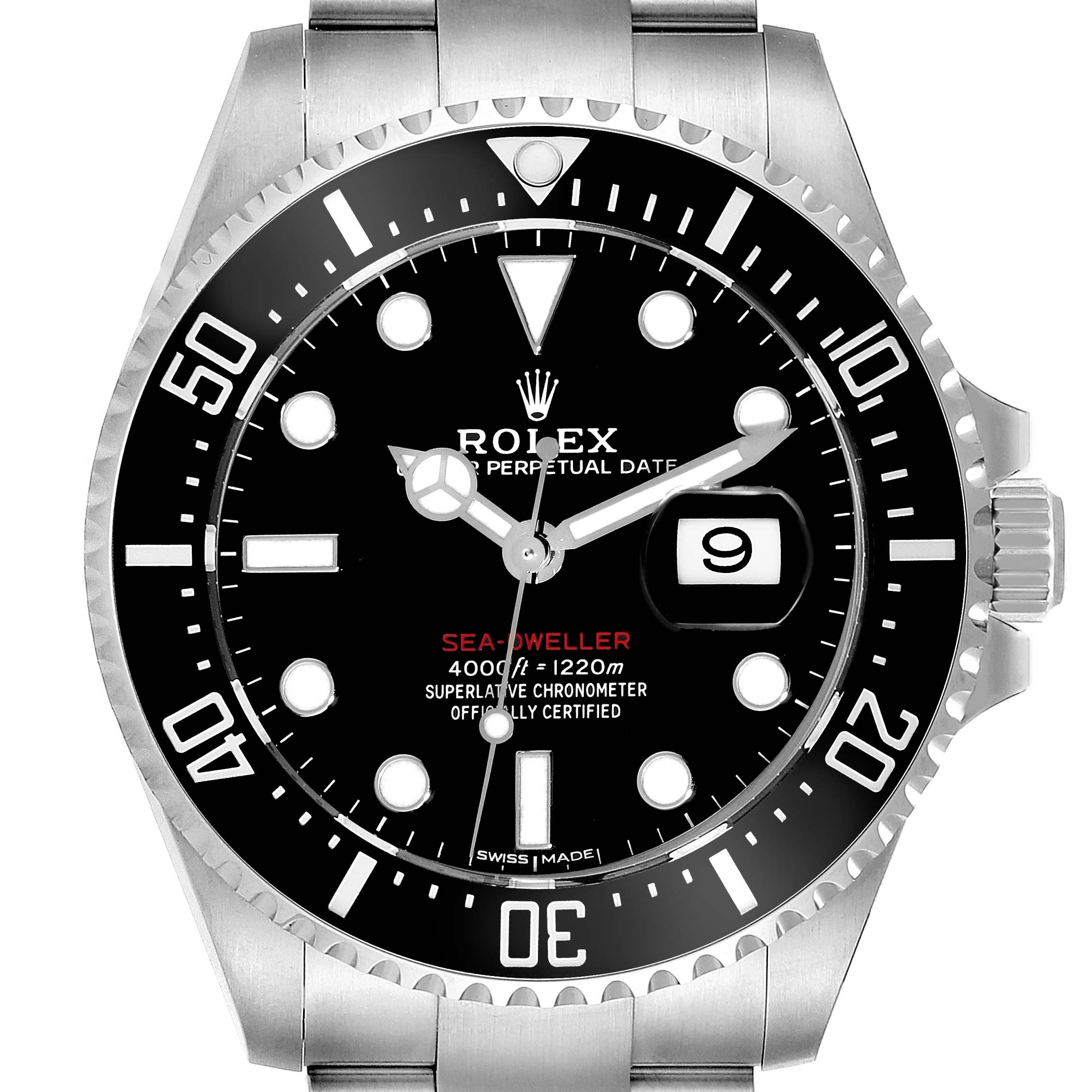 The image shows a front view of the Rolex Sea-Dweller 126600 Men
s Stainless Steel Black Dial 126600 Men
s Stainless Steel Black Dial watch, highlighting the dial, bezel, date window, and part of the bracelet.