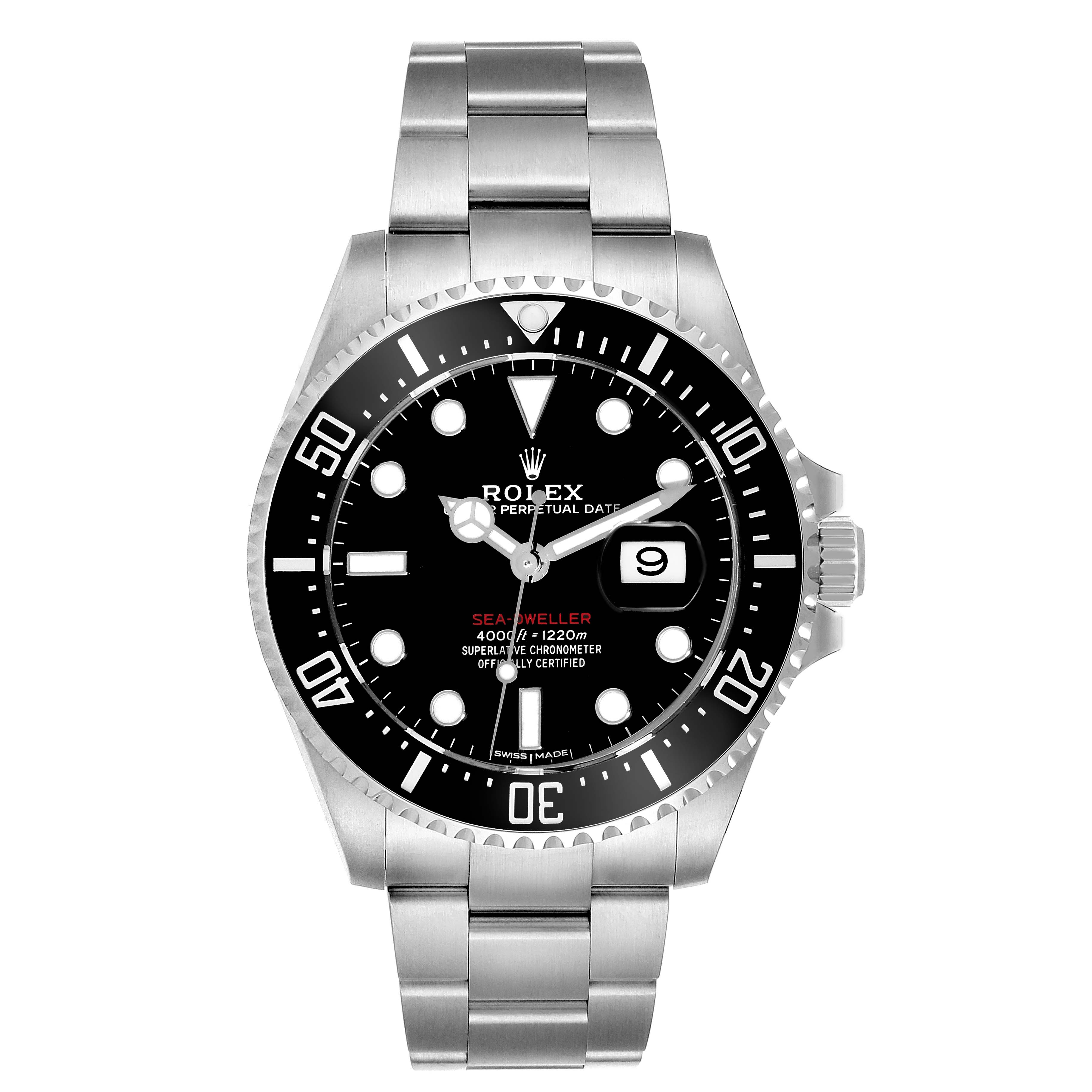 The image shows a front view of the Rolex Sea-Dweller 126600 Men
s Stainless Steel Black Dial 126600 Men
s Stainless Steel Black Dial watch, showcasing its face, bezel, and bracelet.