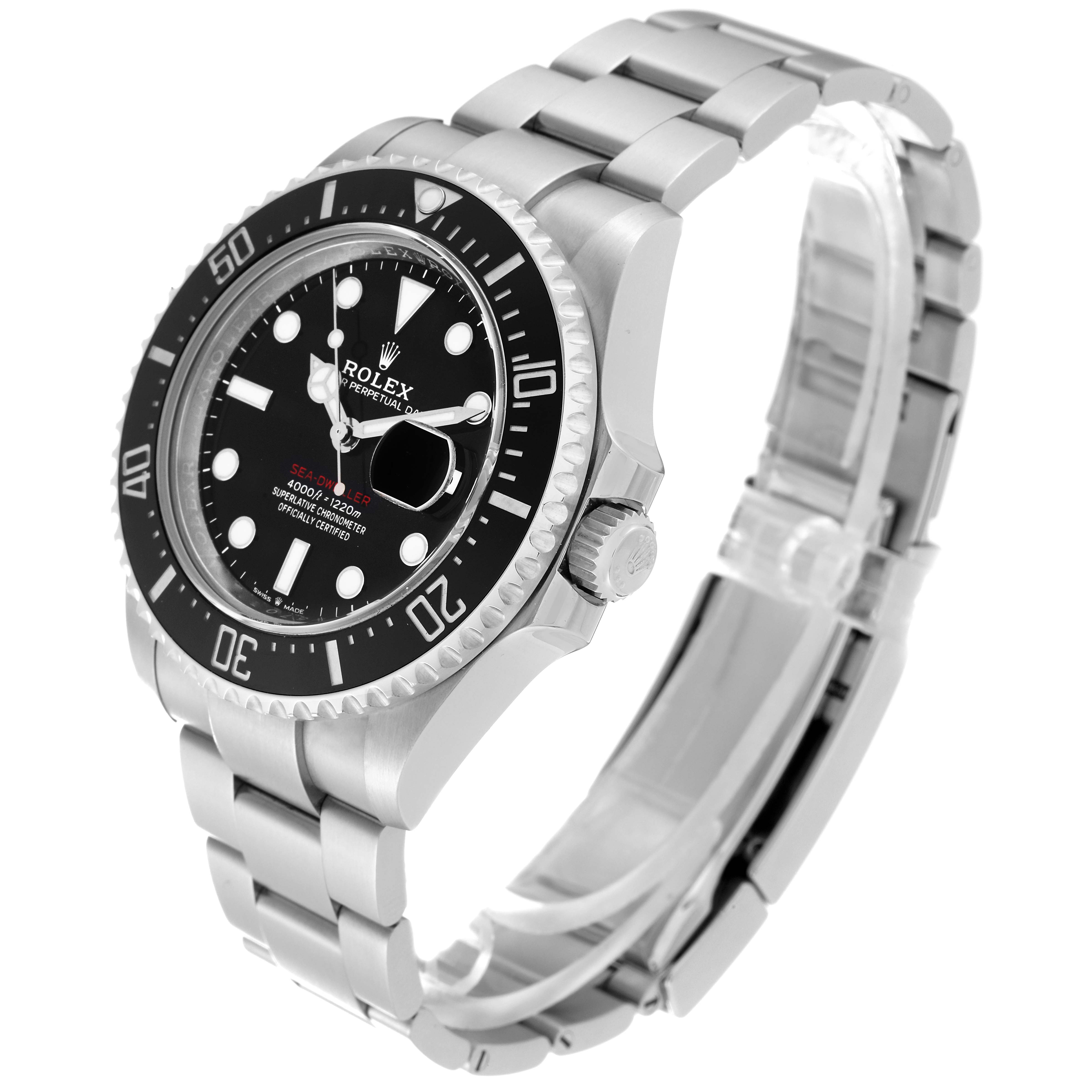 The image shows a Rolex Sea-Dweller 126600 Men's Stainless Steel Black Dial 126600 Men's Stainless Steel Black Dial watch at an angled view of its face, bezel, crown, and bracelet.