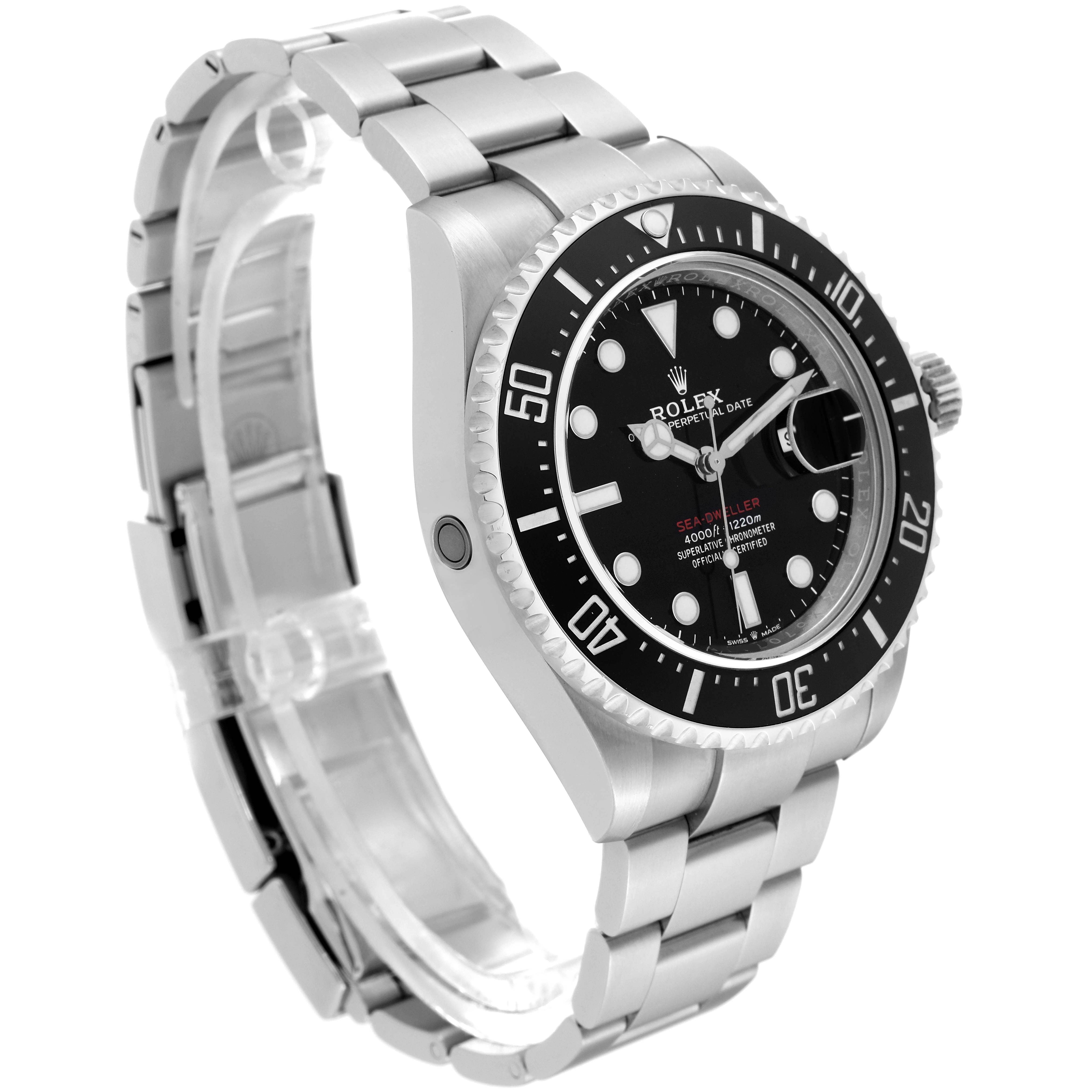 The image shows a side angle of the Rolex Sea-Dweller 126600 Men's Stainless Steel Black Dial 126600 Men's Stainless Steel Black Dial watch, highlighting the black dial, bezel, crown, and stainless steel bracelet.