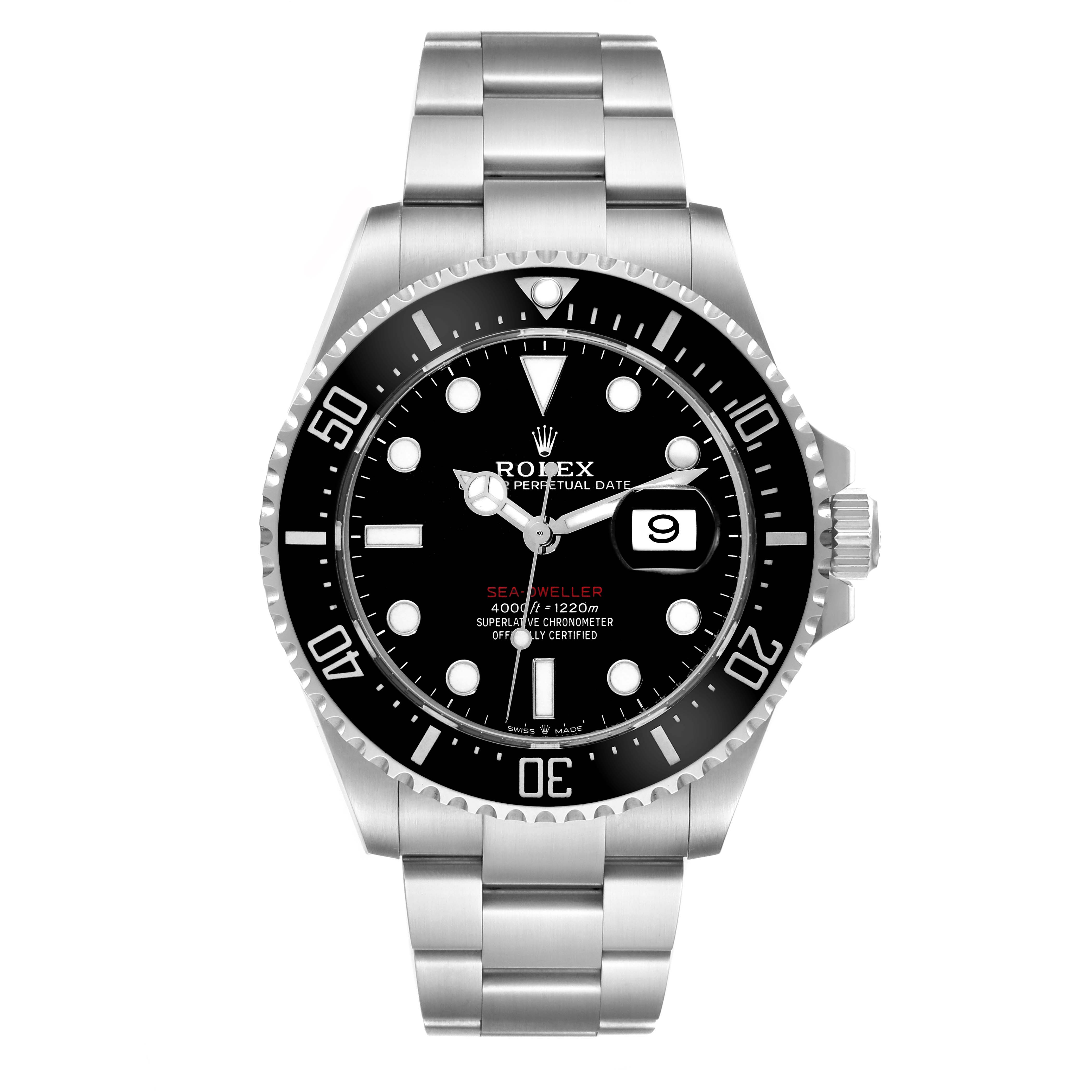 The image shows the front view of a Rolex Sea-Dweller 126600 Men's Stainless Steel Black Dial 126600 Men's Stainless Steel Black Dial watch, highlighting its dial, bezel, and bracelet.