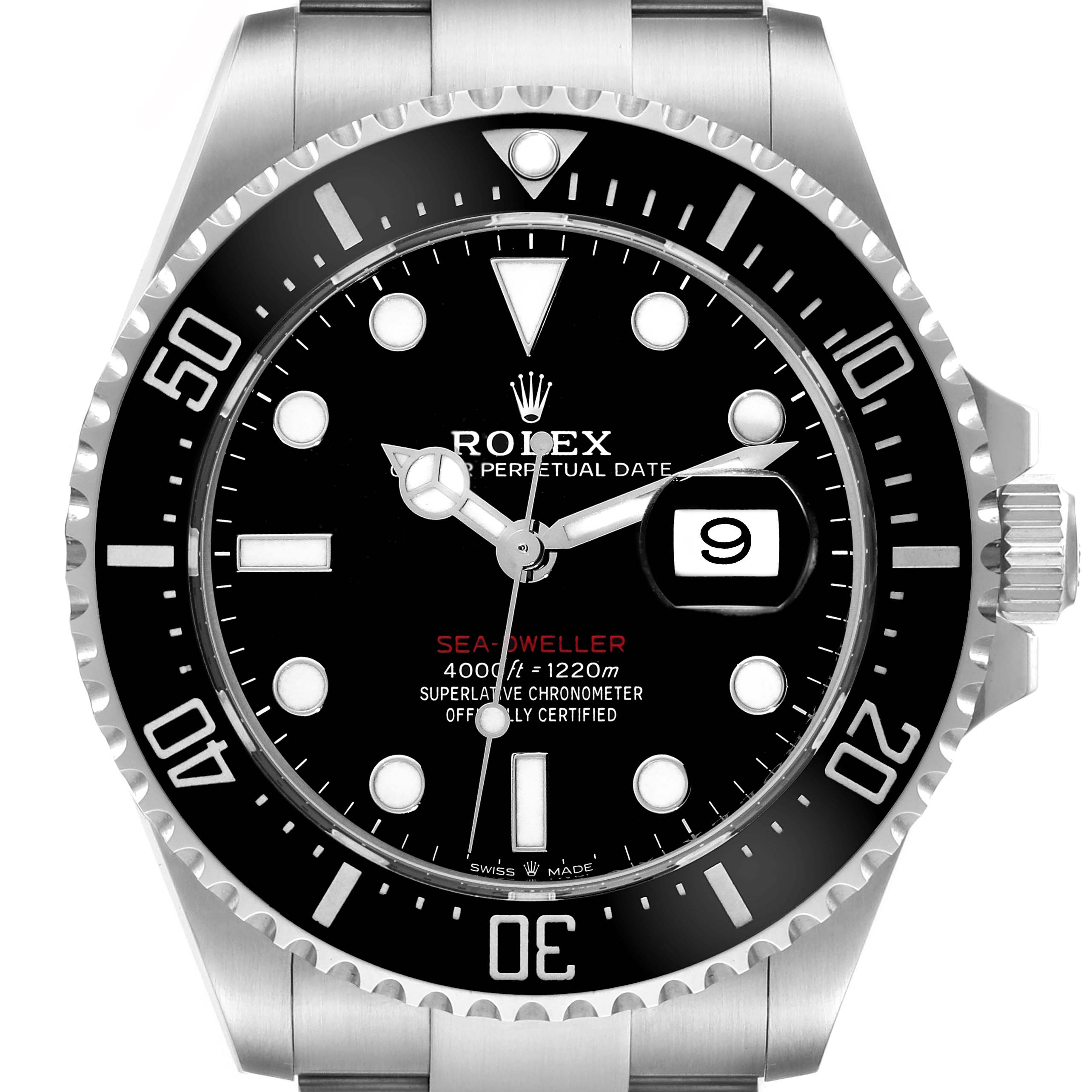 The image shows a front view of a Rolex Sea-Dweller 126600 Men's Stainless Steel Black Dial 126600 Men's Stainless Steel Black Dial watch, highlighting the dial, bezel, hands, date window, and part of the bracelet.