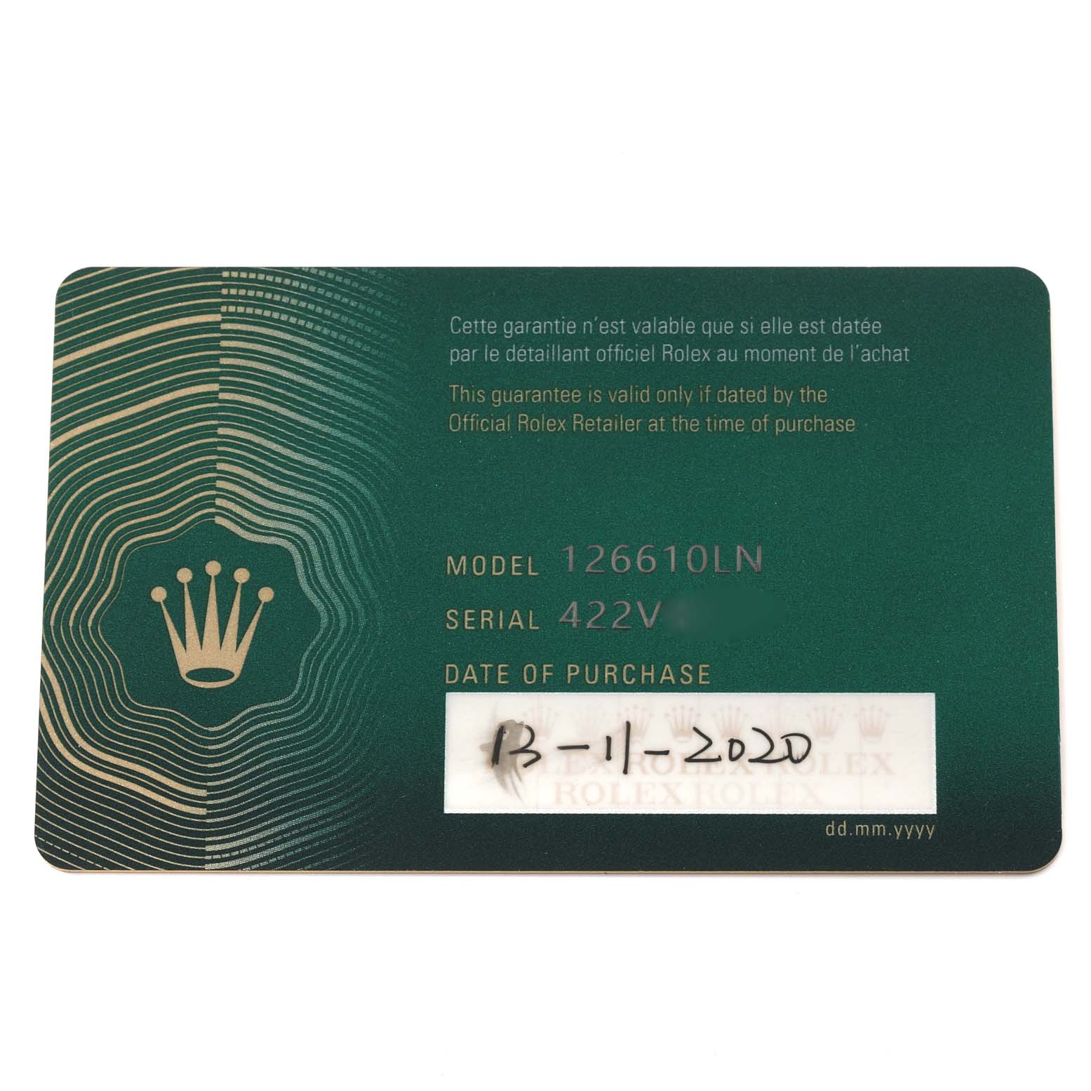 This image shows the warranty card for a Rolex Submariner 126610LN Men
s Stainless Steel Black Dial 126610LN Men
s Stainless Steel Black Dial model 126610LN.