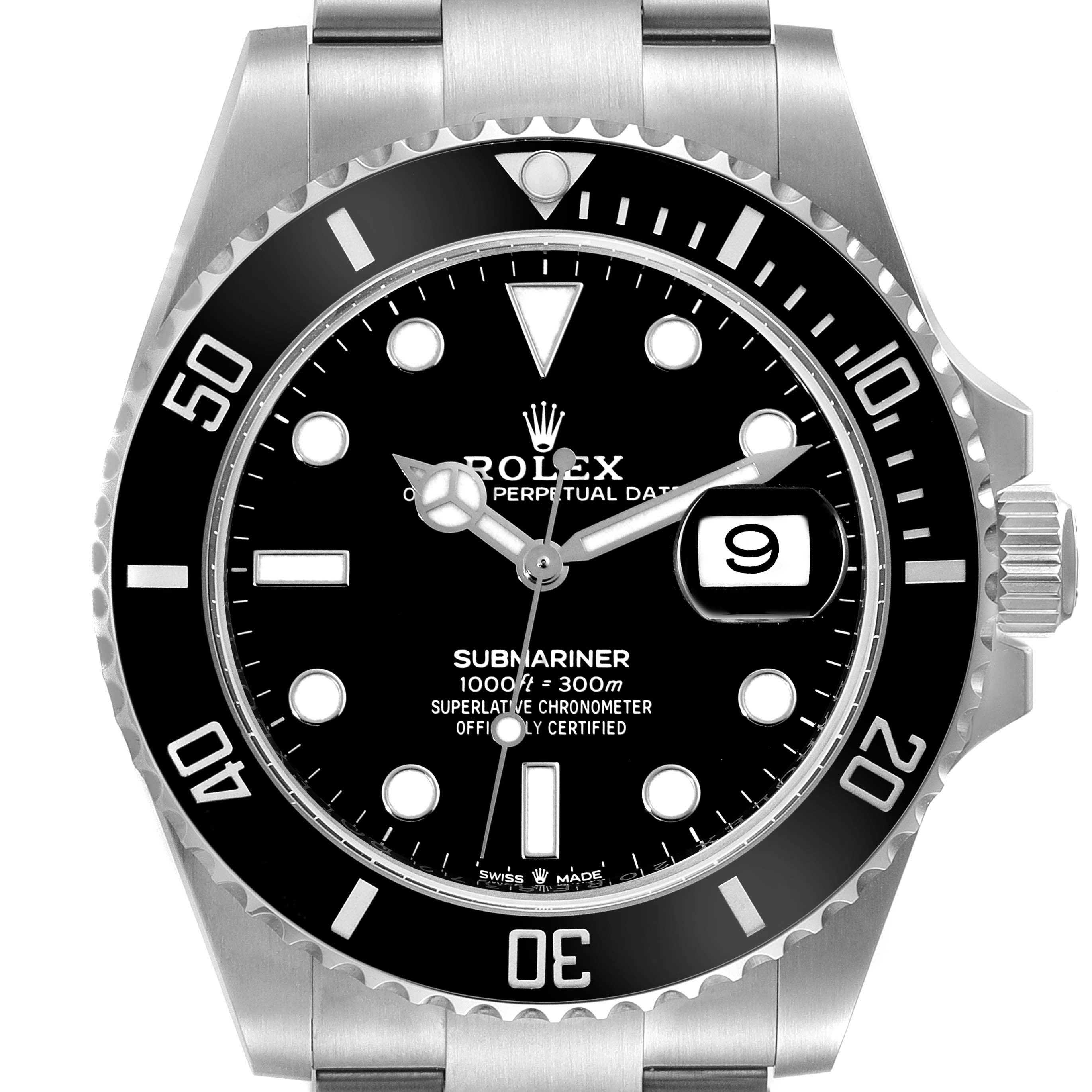 The image shows a front view of a Rolex Submariner 126610LN Men
s Stainless Steel Black Dial 126610LN Men
s Stainless Steel Black Dial watch, highlighting the dial, bezel, and bracelet.