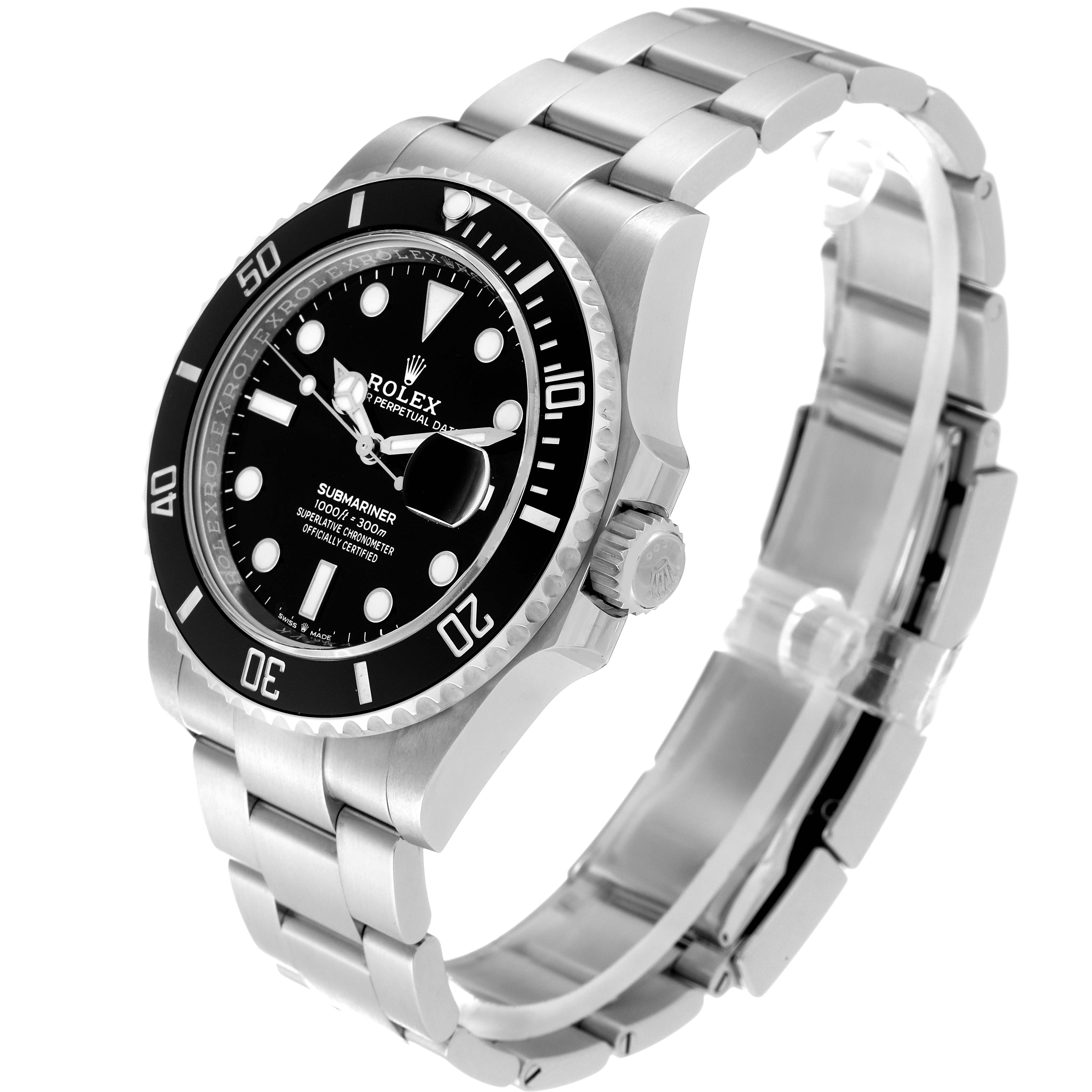 The image shows a Rolex Submariner 126610LN Men
s Stainless Steel Black Dial 126610LN Men
s Stainless Steel Black Dial watch at a slight angle, displaying the face, bezel, crown, and stainless steel bracelet.