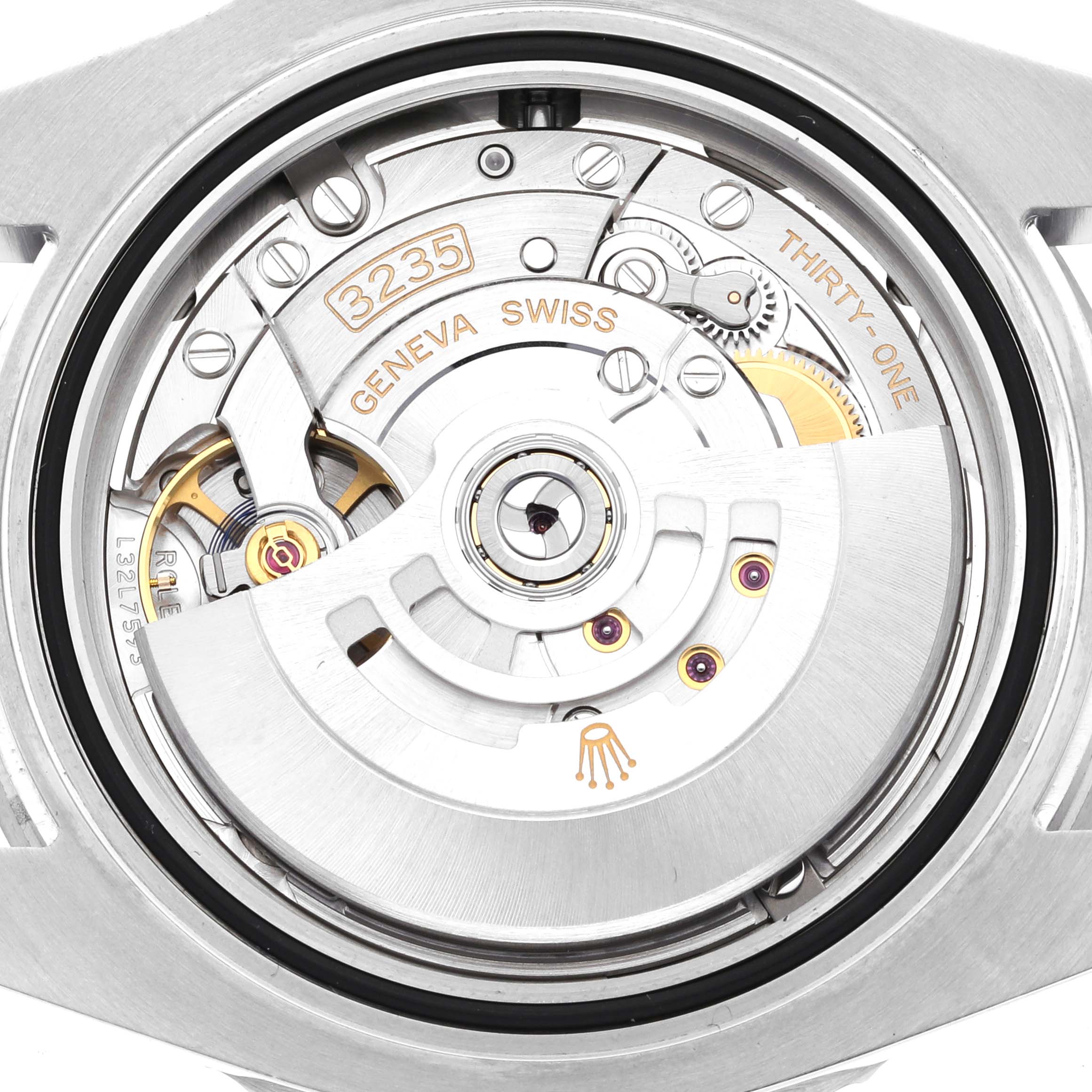 This close-up shot shows the movement mechanism and rotor of the Rolex Submariner 126610LN Men
s Stainless Steel Black Dial 126610LN Men
s Stainless Steel Black Dial watch.