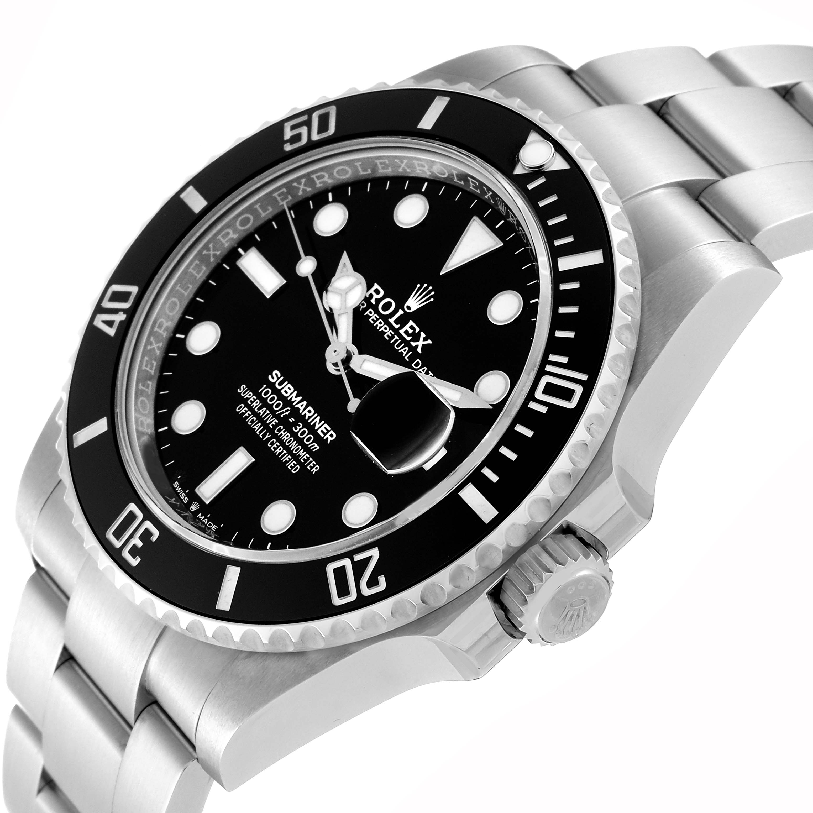 This image shows a close-up angle of a Rolex Submariner 126610LN Men
s Stainless Steel Black Dial 126610LN Men
s Stainless Steel Black Dial watch, highlighting the bezel, dial, bracelet, and crown.