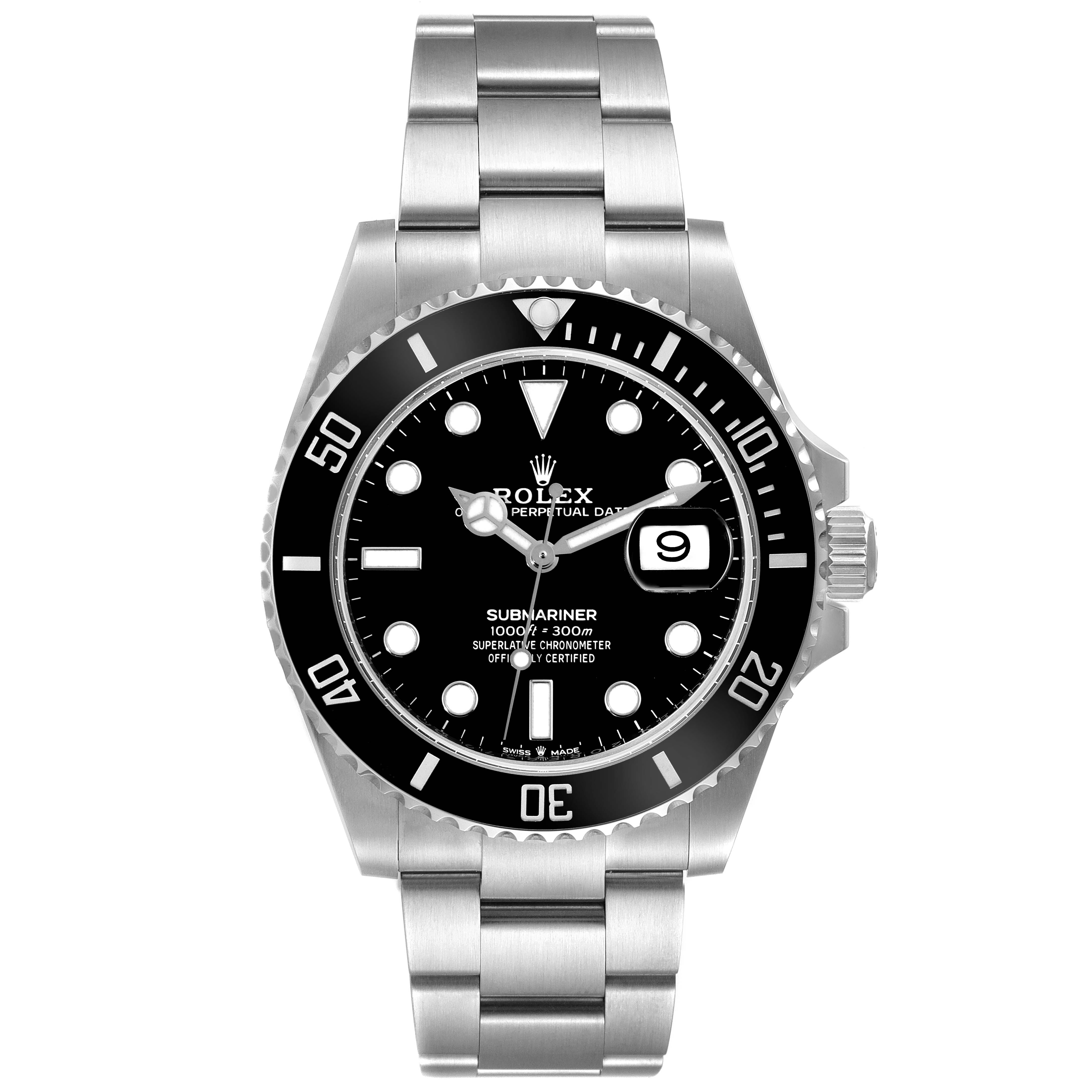 The image shows a front view of a Rolex Submariner 126610LN Men
s Stainless Steel Black Dial 126610LN Men
s Stainless Steel Black Dial, highlighting its dial, bezel, crown, and bracelet.