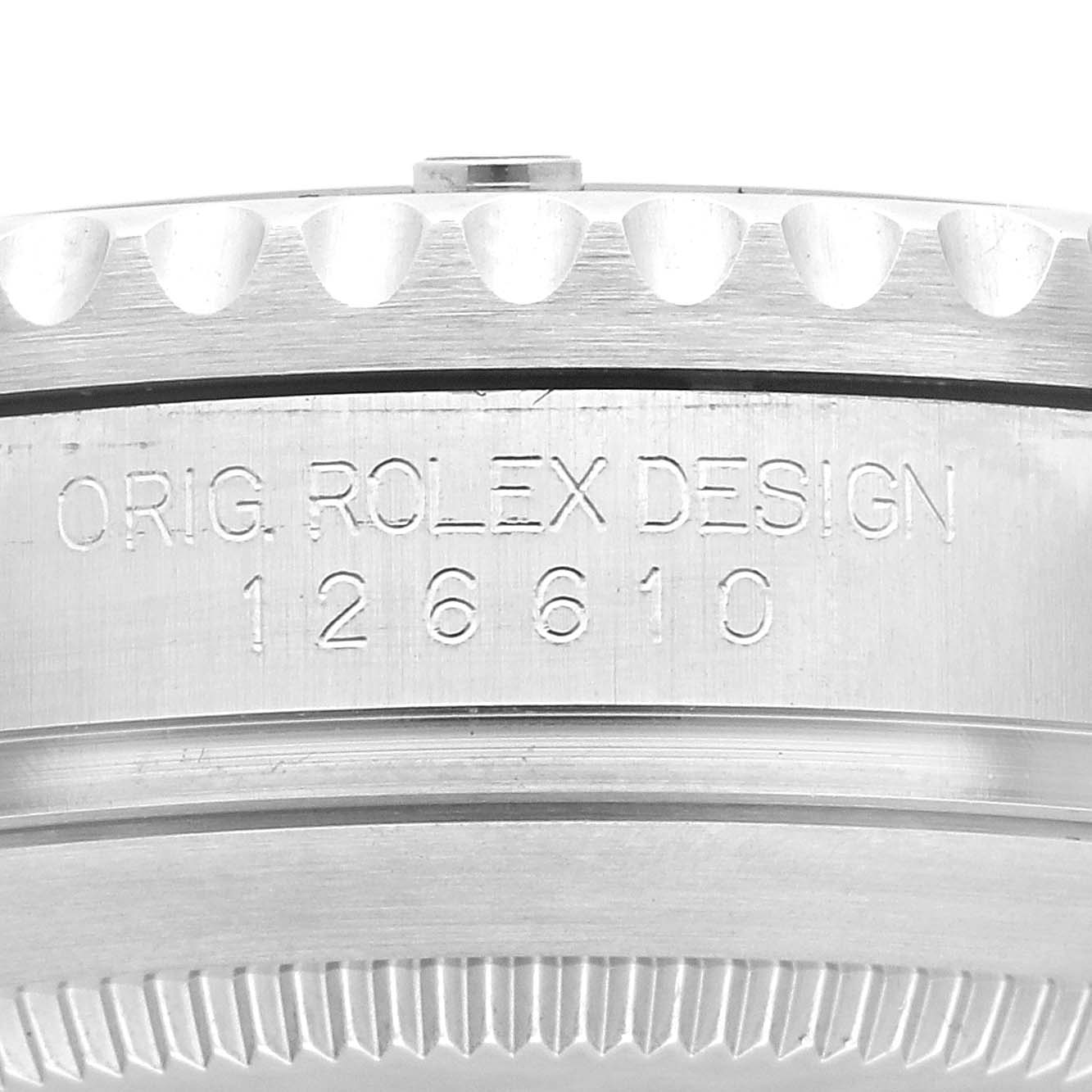 The image shows a close-up view of the side of a Rolex Submariner 126610LN Men
s Stainless Steel Black Dial 126610LN Men
s Stainless Steel Black Dial, featuring the engraved model number 126610.