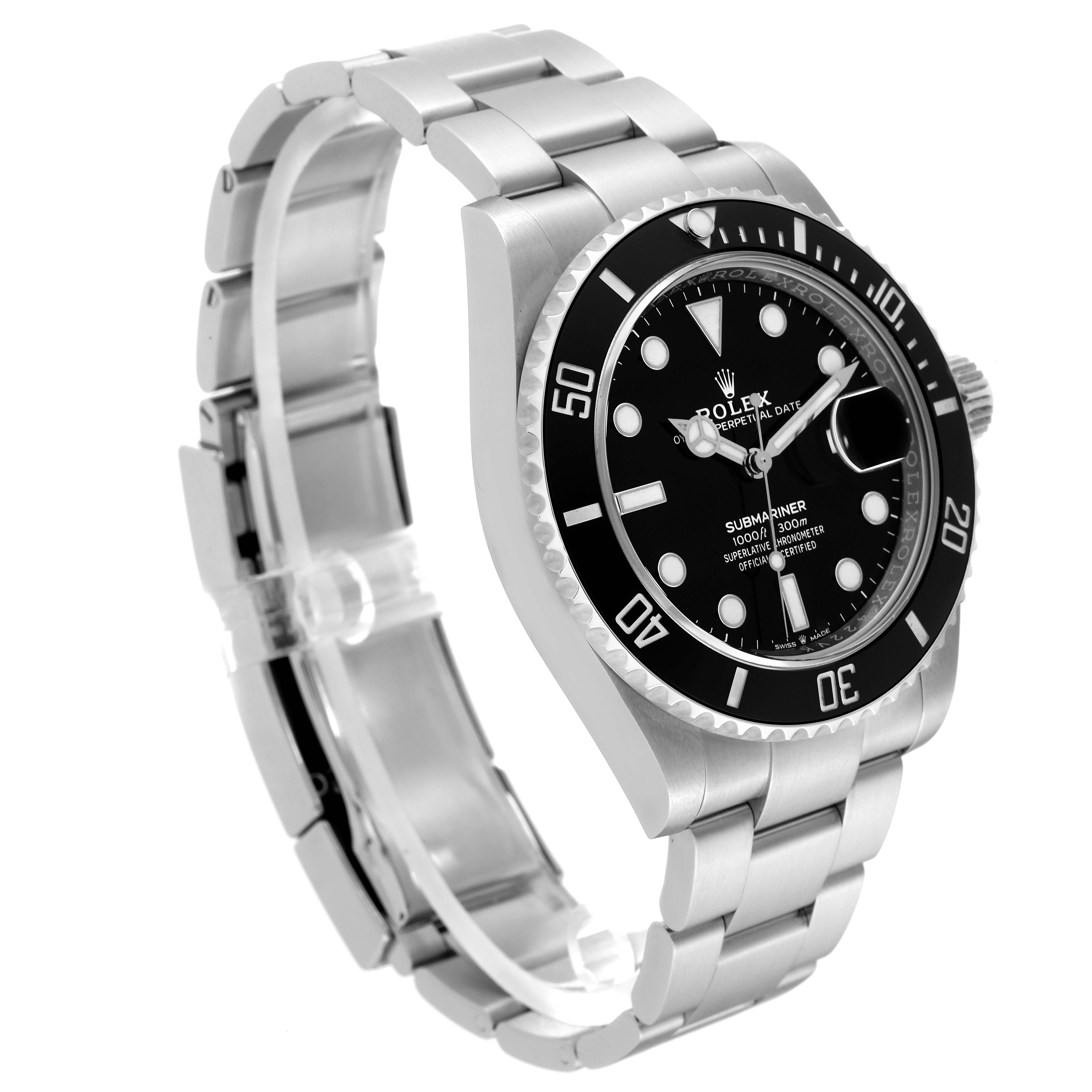 The image shows a side angle of a Rolex Submariner 126610LN Men
s Stainless Steel Black Dial 126610LN Men
s Stainless Steel Black Dial watch, highlighting the bracelet, case, bezel, and dial.