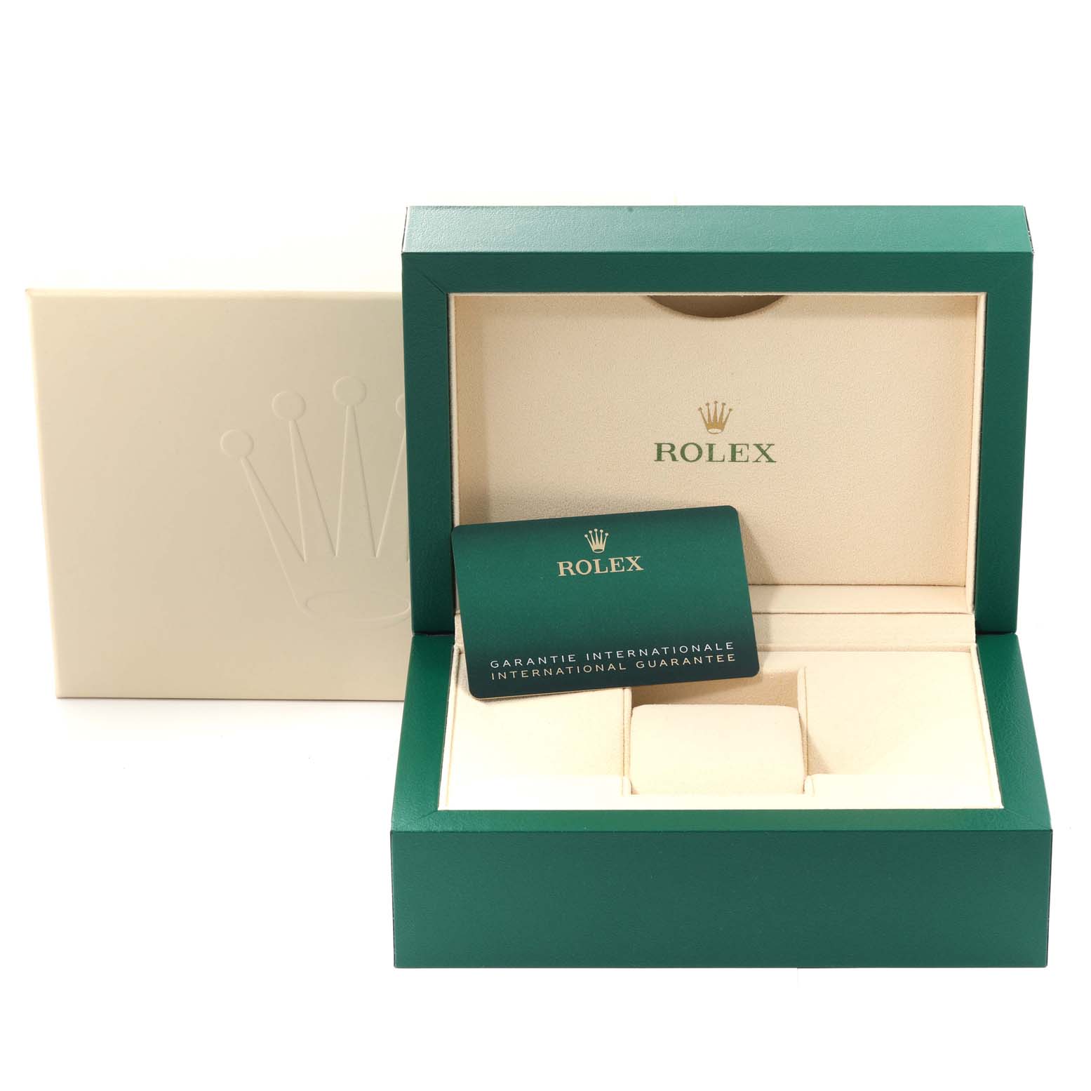 This image shows the open box and international guarantee card for a Rolex Submariner 126610LN Men
s Stainless Steel Black Dial 126610LN Men
s Stainless Steel Black Dial watch.