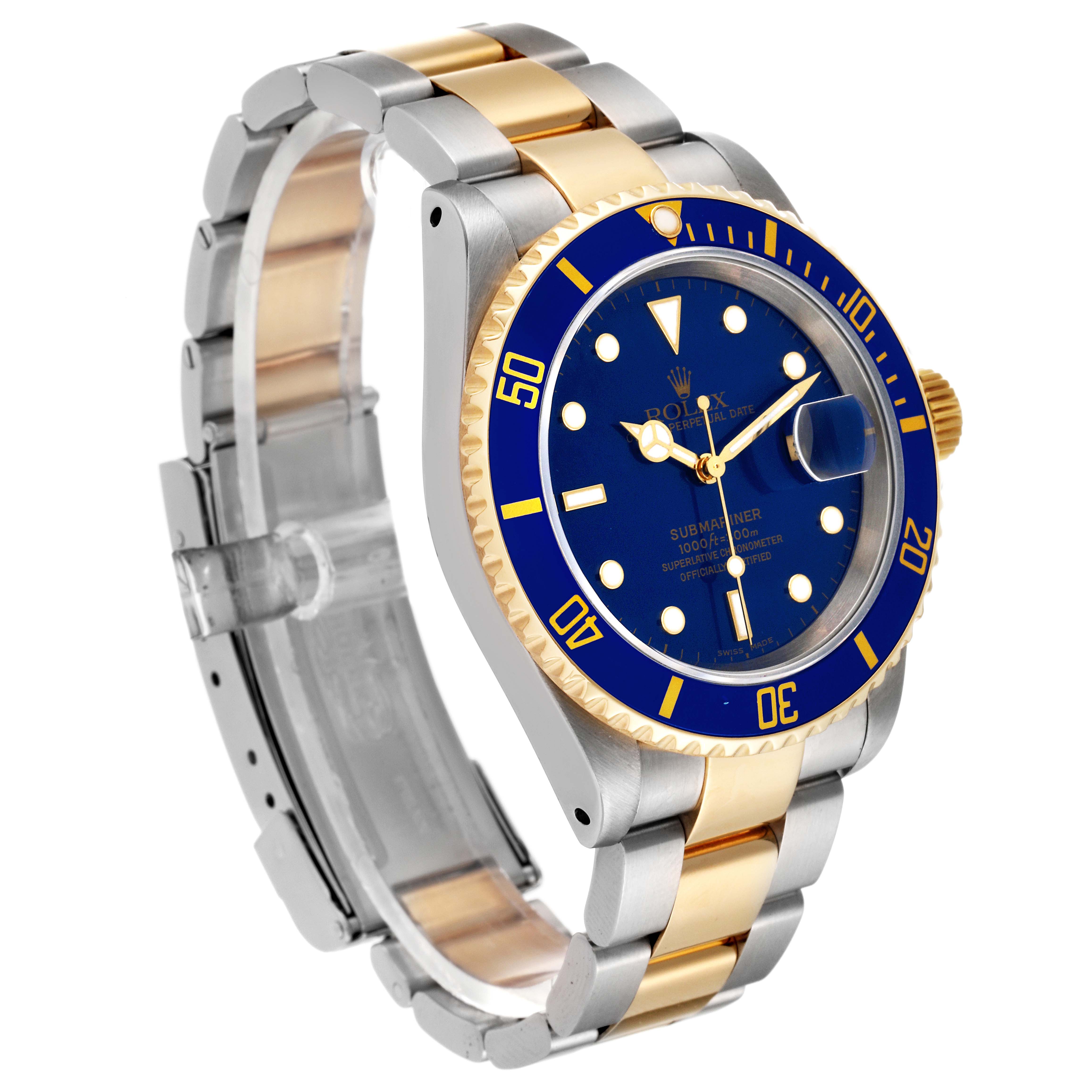 This image shows a Rolex Submariner 16613 Men's Steel and Gold (two tone) Blue Dial 16613 Men's Steel and Gold (two tone) Blue Dial watch at a three-quarter angle, highlighting the two-tone bracelet, blue dial, and bezel.