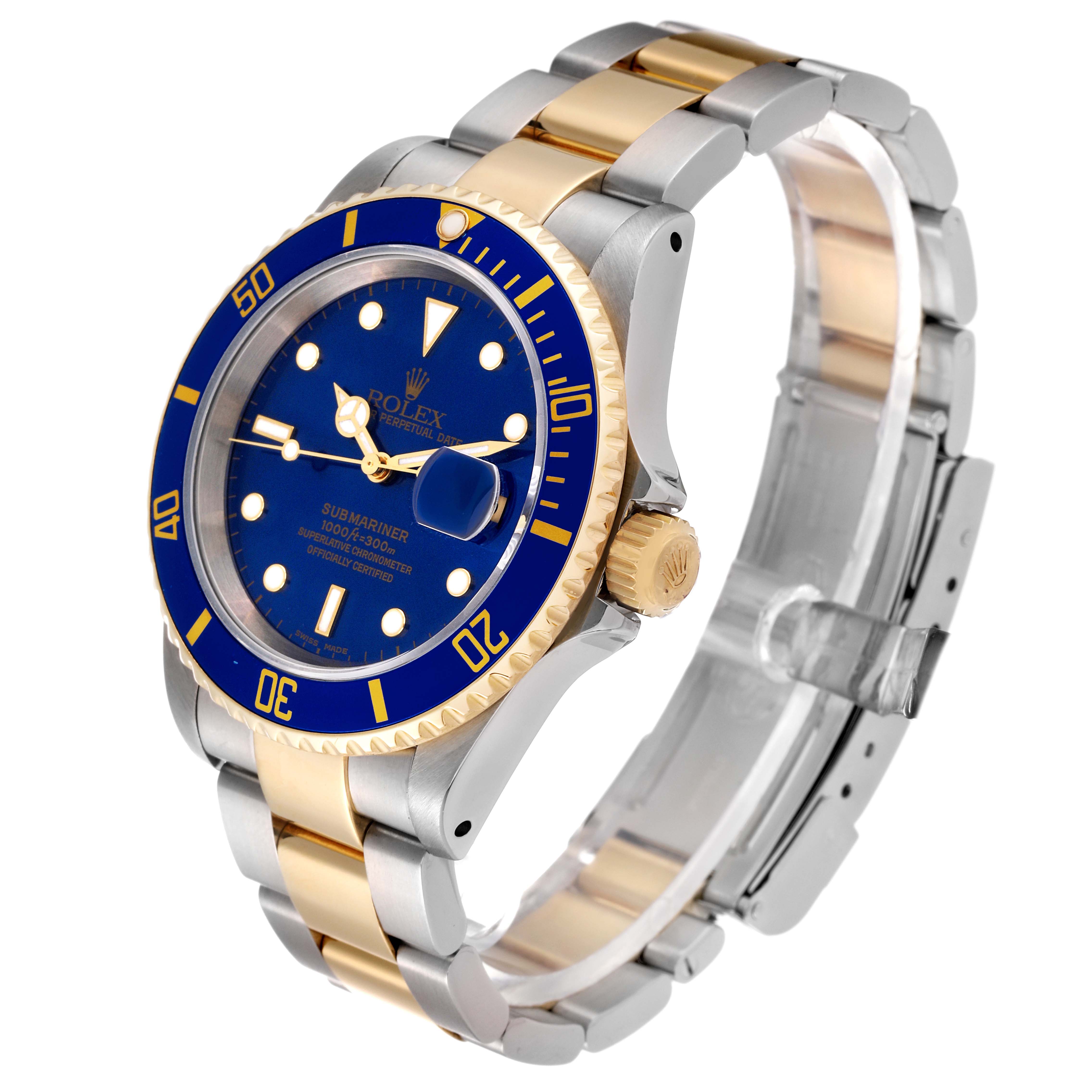 This image shows a Rolex Submariner 16613 Men's Steel and Gold (two tone) Blue Dial 16613 Men's Steel and Gold (two tone) Blue Dial watch at a 3/4 angle, highlighting its blue dial, two-tone bracelet, and gold bezel.