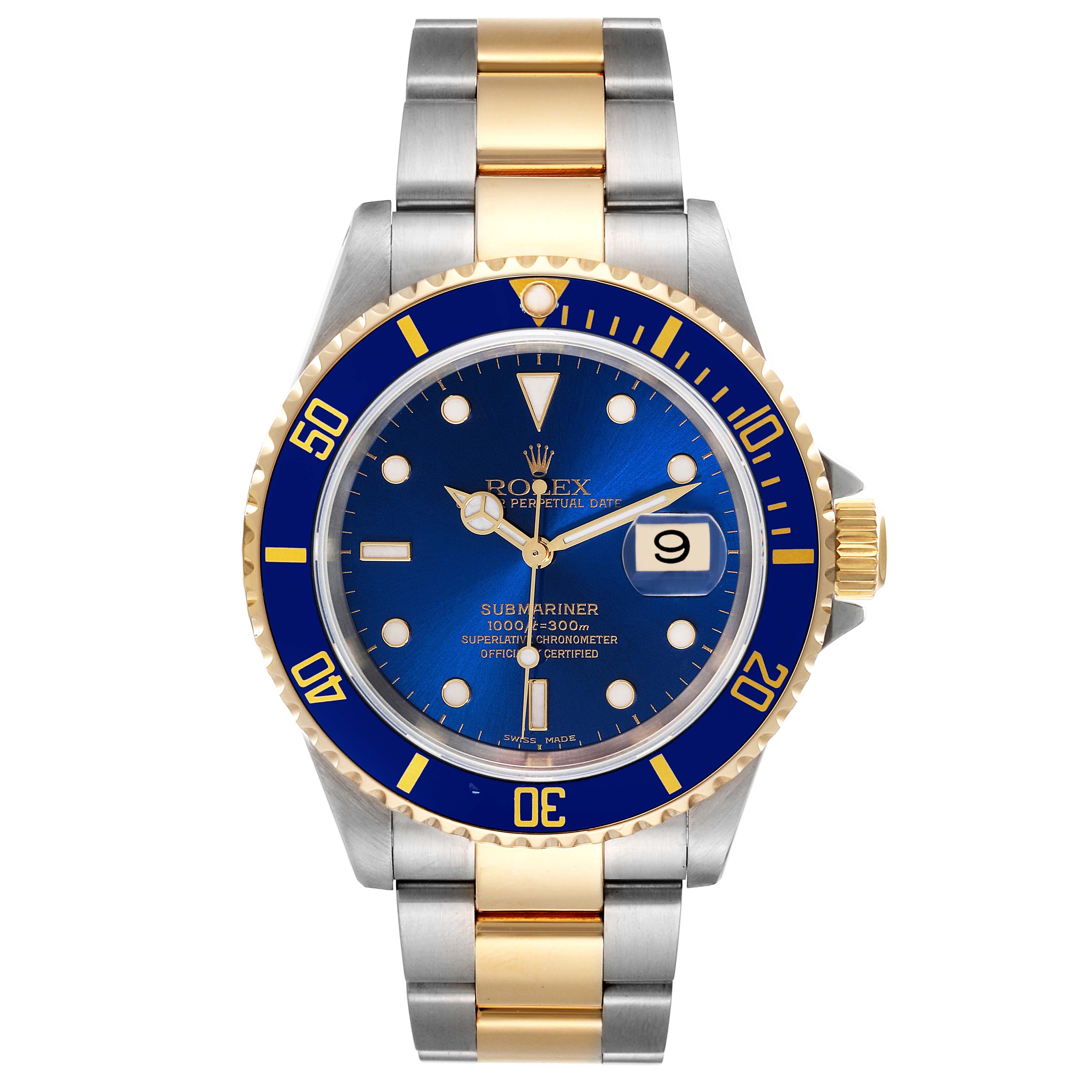 The image shows a front-facing view of a Rolex Submariner 16613 Men's Steel and Gold (two tone) Blue Dial 16613 Men's Steel and Gold (two tone) Blue Dial watch with a blue dial and a two-tone metal bracelet.
