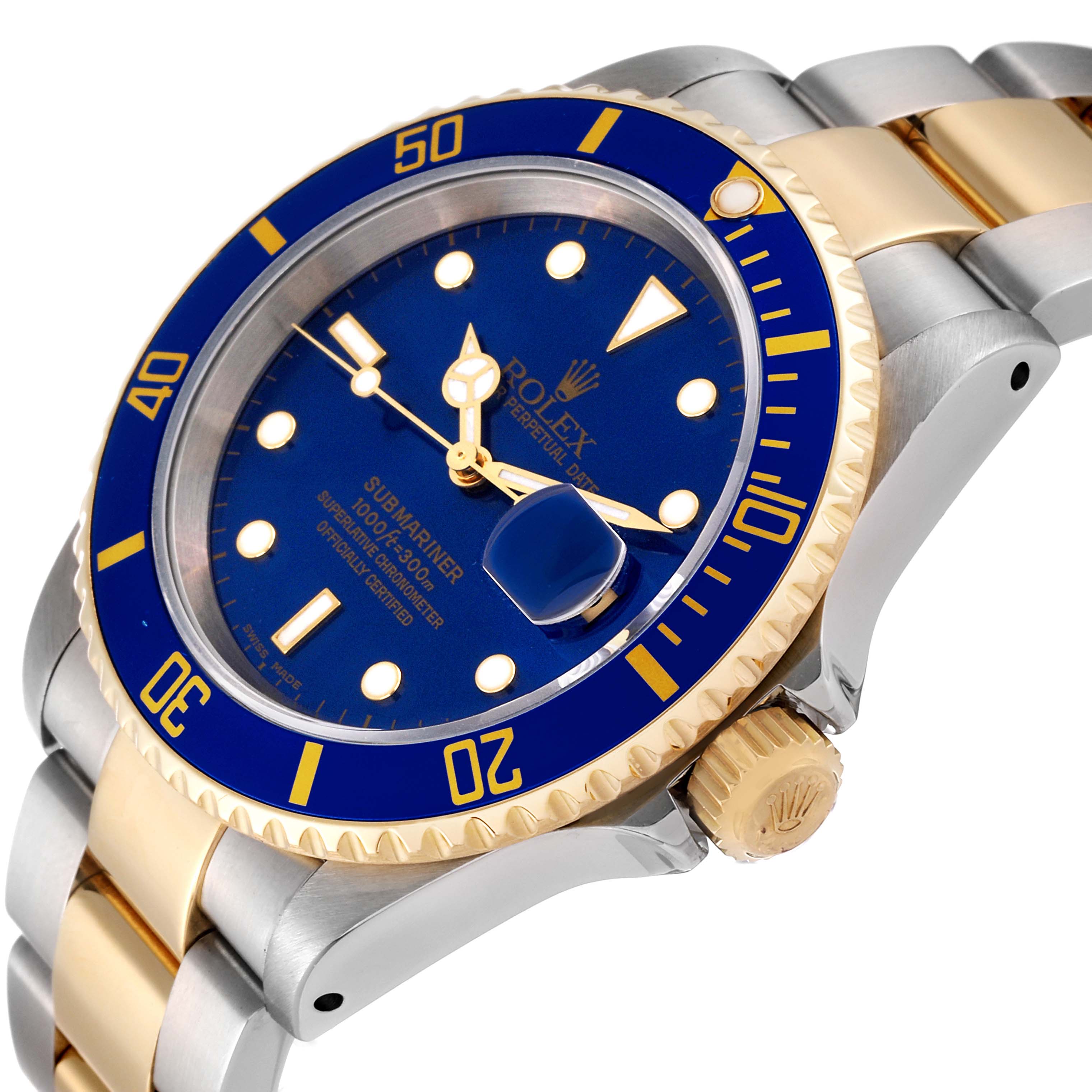 The image shows a close-up angled view of a Rolex Submariner 16613 Men's Steel and Gold (two tone) Blue Dial 16613 Men's Steel and Gold (two tone) Blue Dial watch, highlighting its blue bezel, dial, and two-tone bracelet.