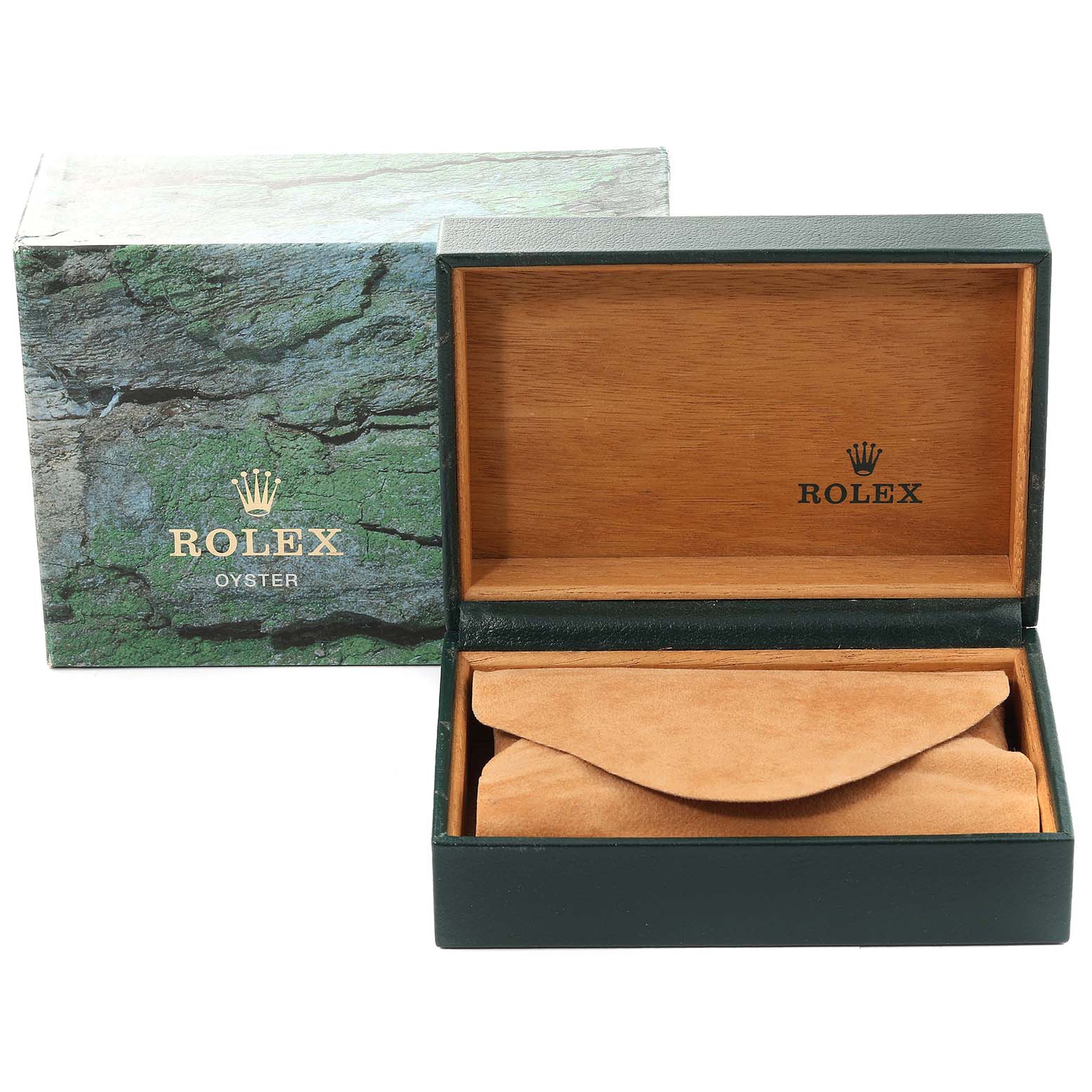 This image shows the packaging box and inner velvet casing of the Rolex Submariner 16613 Men's Steel and Gold (two tone) Blue Dial 16613 Men's Steel and Gold (two tone) Blue Dial watch from a front angle.