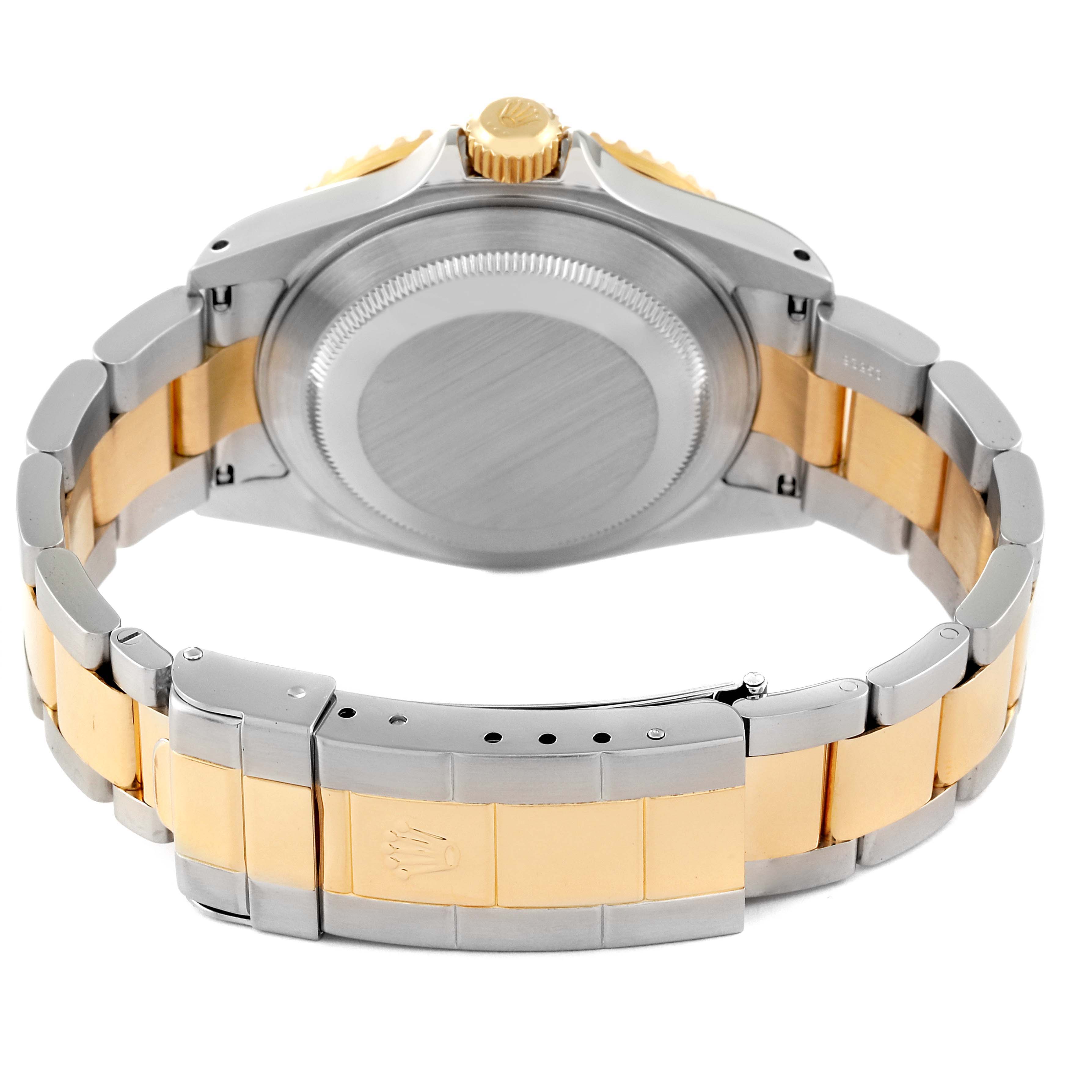 The image shows the back view of a Rolex Submariner 16613 Men's Steel and Gold (two tone) Blue Dial 16613 Men's Steel and Gold (two tone) Blue Dial watch, focusing on the case back and bracelet.