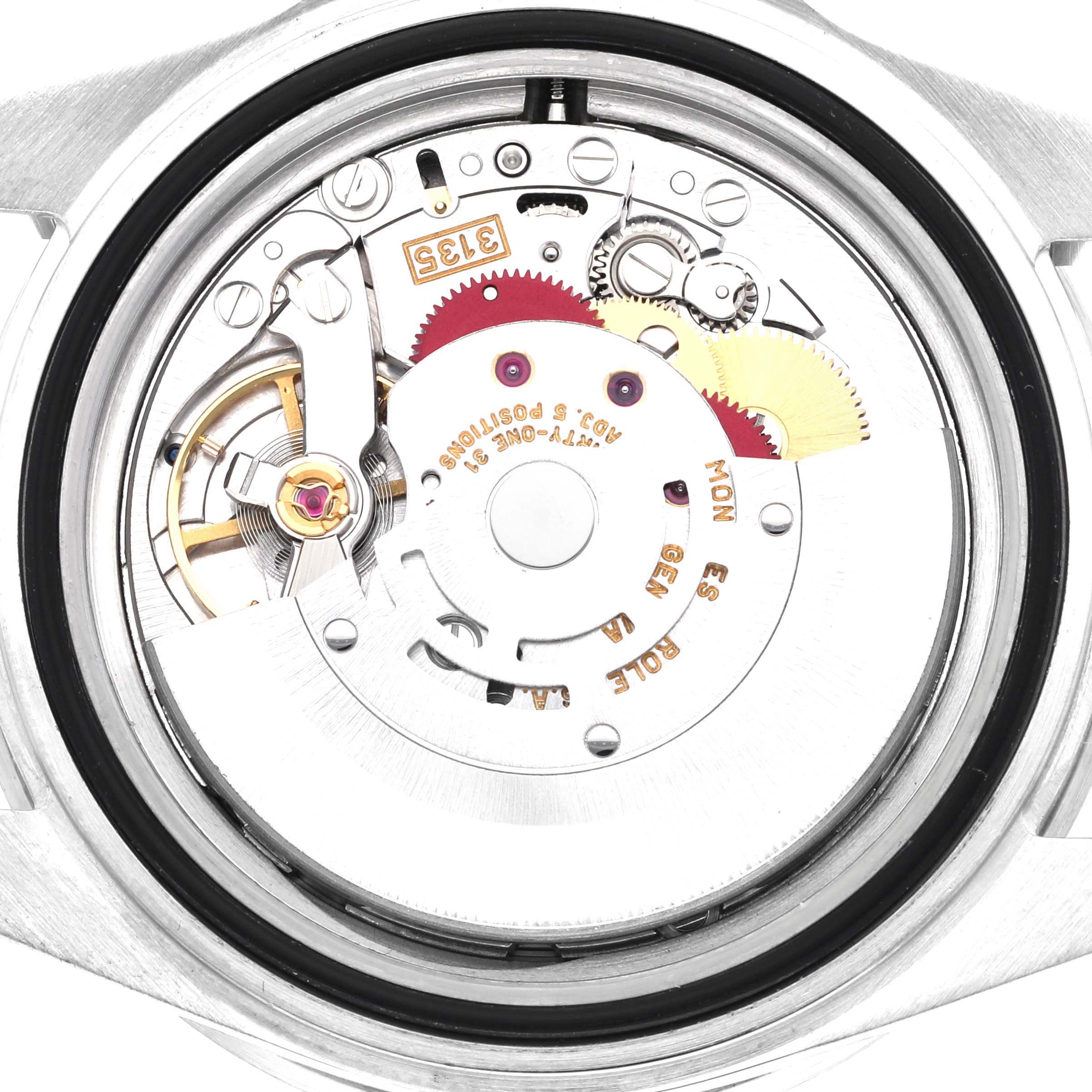 This image shows the internal mechanical movement of a Rolex Submariner 16610 Men
s Stainless Steel Black Dial 16610 Men
s Stainless Steel Black Dial watch from a back angle.