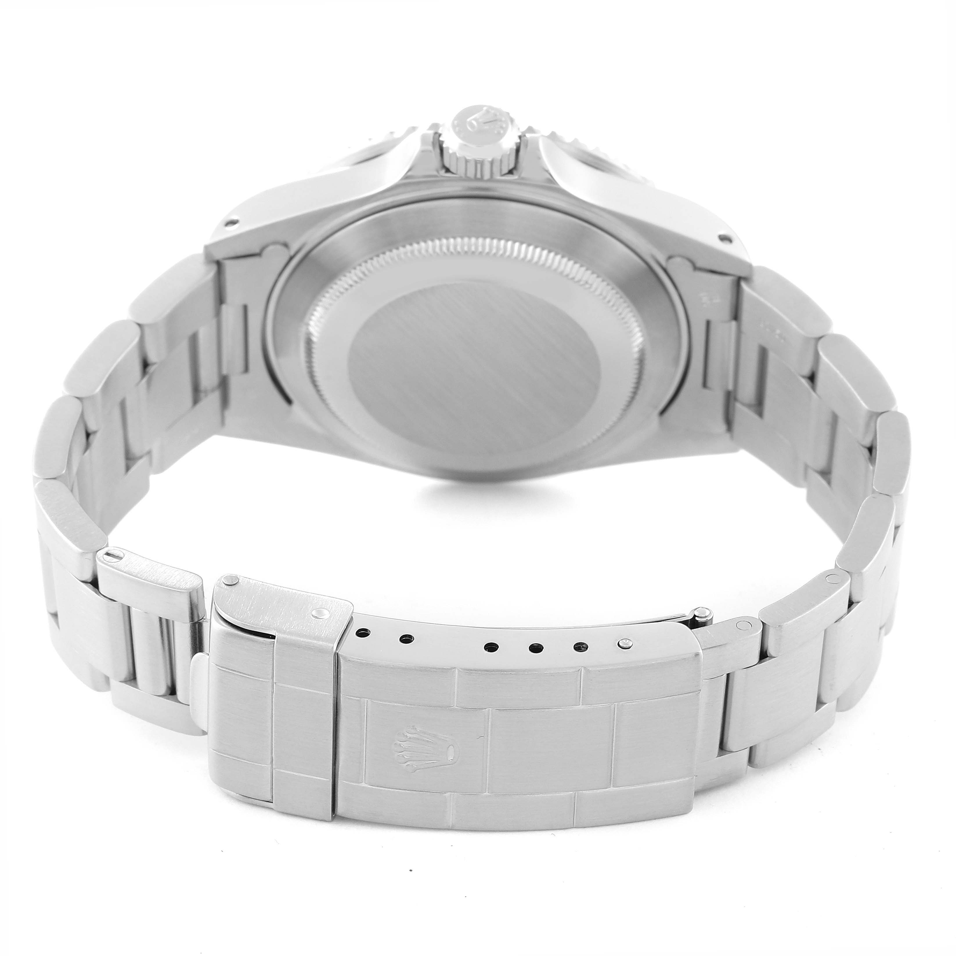 This image shows the back view of a Rolex Submariner 16610 Men
s Stainless Steel Black Dial 16610 Men
s Stainless Steel Black Dial watch, highlighting the case back, bracelet, and clasp.