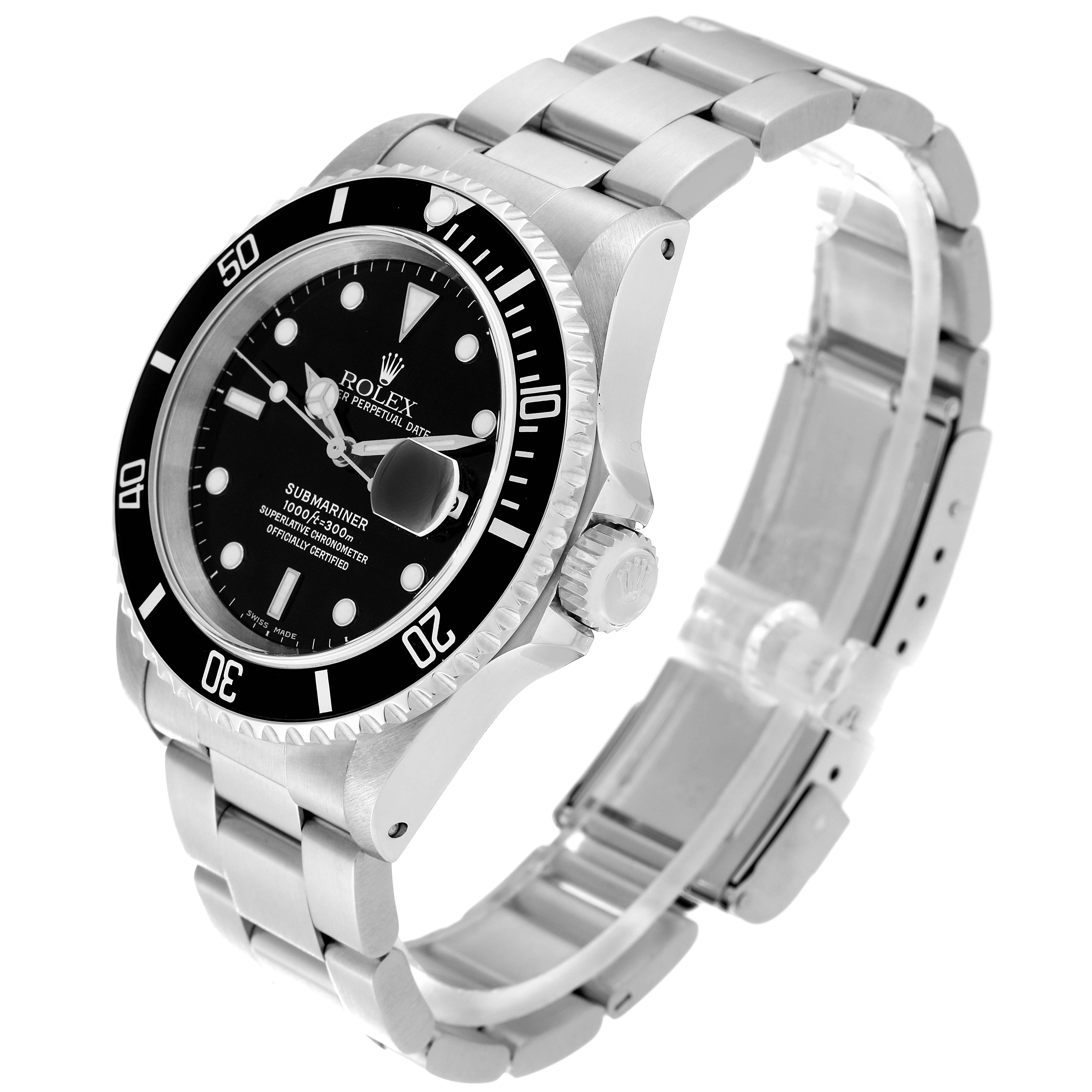 The Rolex Submariner 16610 Men
s Stainless Steel Black Dial 16610 Men
s Stainless Steel Black Dial watch is shown from an angled side view, displaying the dial, bezel, crown, and bracelet.