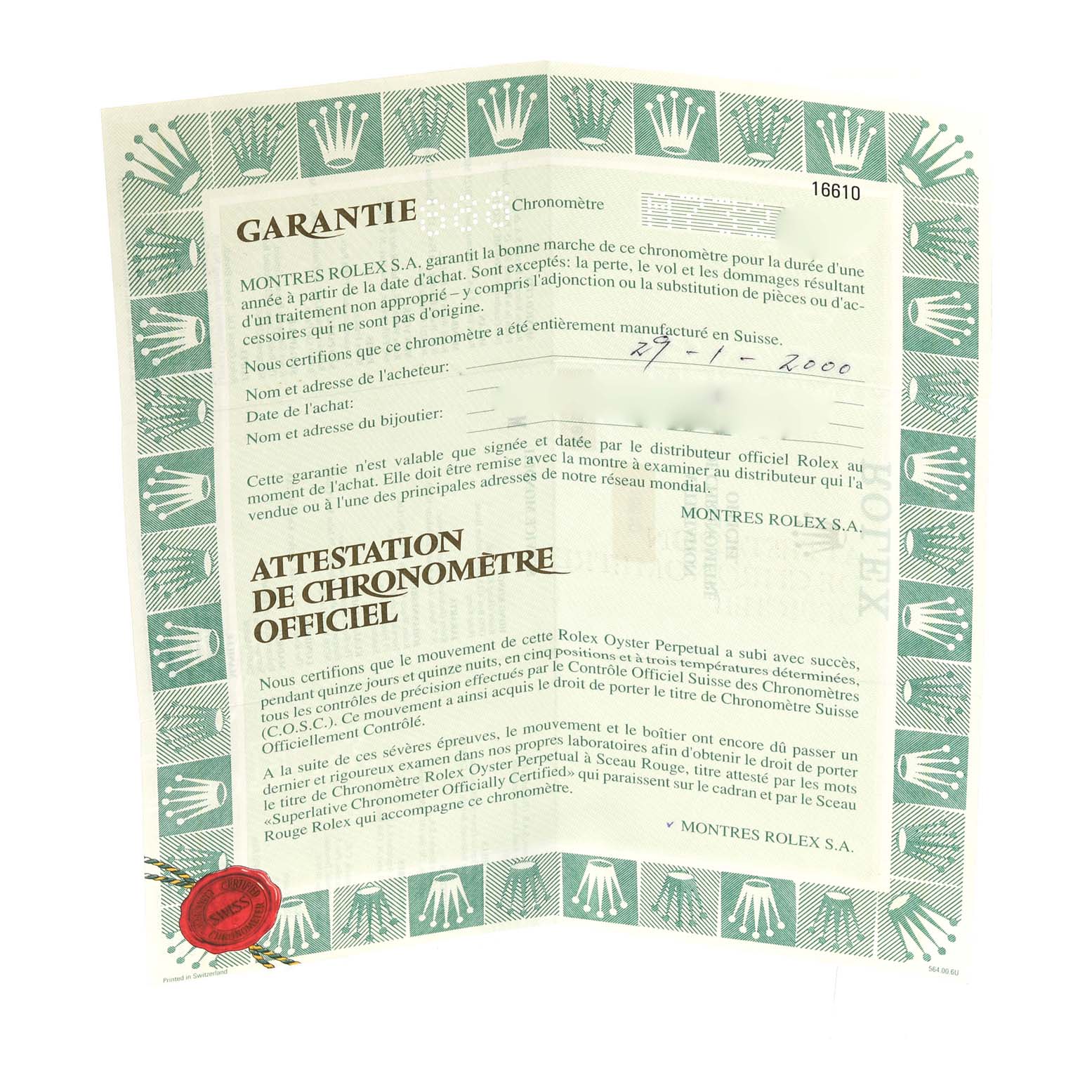 The image shows a warranty certificate for the Rolex Submariner 16610 Men
s Stainless Steel Black Dial 16610 Men
s Stainless Steel Black Dial model, emphasizing the brand
s Best Quality
ity and official chronometer status.