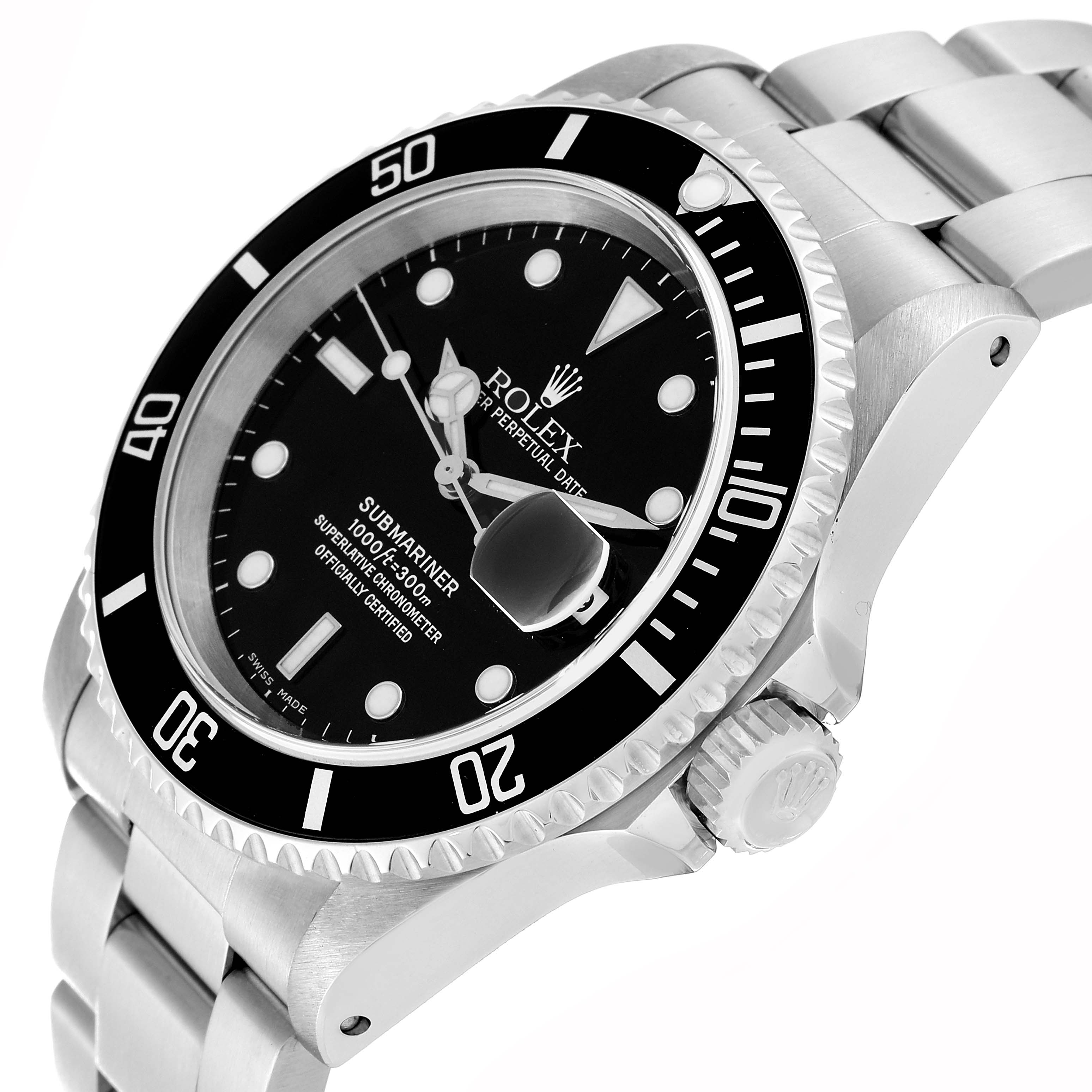 The image shows a side view of a Rolex Submariner 16610 Men
s Stainless Steel Black Dial 16610 Men
s Stainless Steel Black Dial watch focusing on the face, bezel, and partial bracelet.