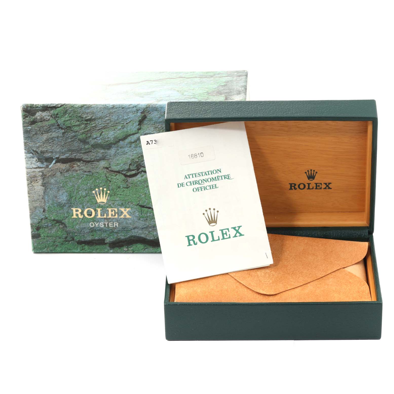 The image shows the packaging and documentation for a Rolex Submariner 16610 Men
s Stainless Steel Black Dial 16610 Men
s Stainless Steel Black Dial watch, viewed from the front.