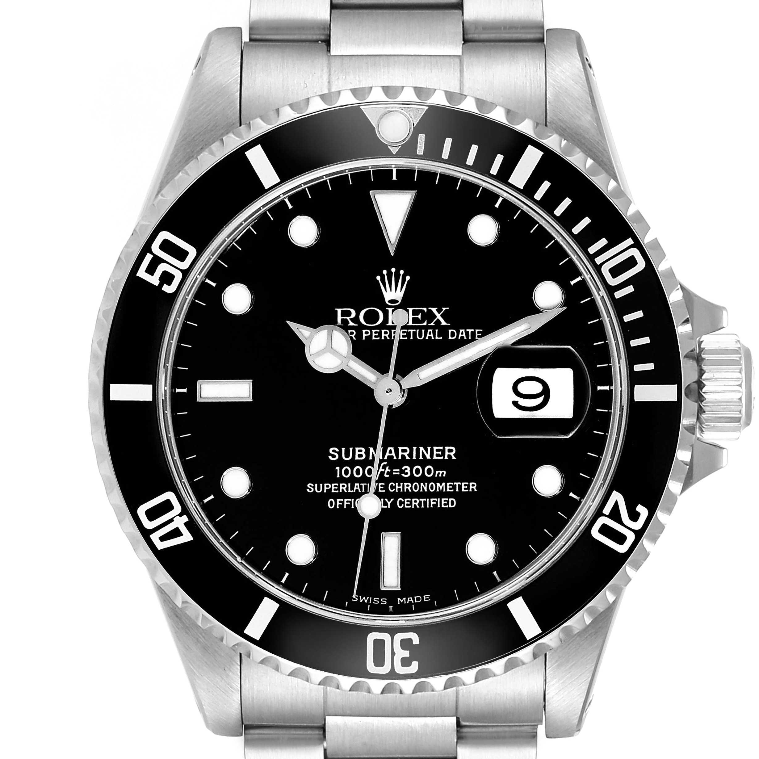 The Rolex Submariner 16610 Men
s Stainless Steel Black Dial 16610 Men
s Stainless Steel Black Dial is shown from a top-down angle displaying its black dial, bezel, and stainless steel bracelet.