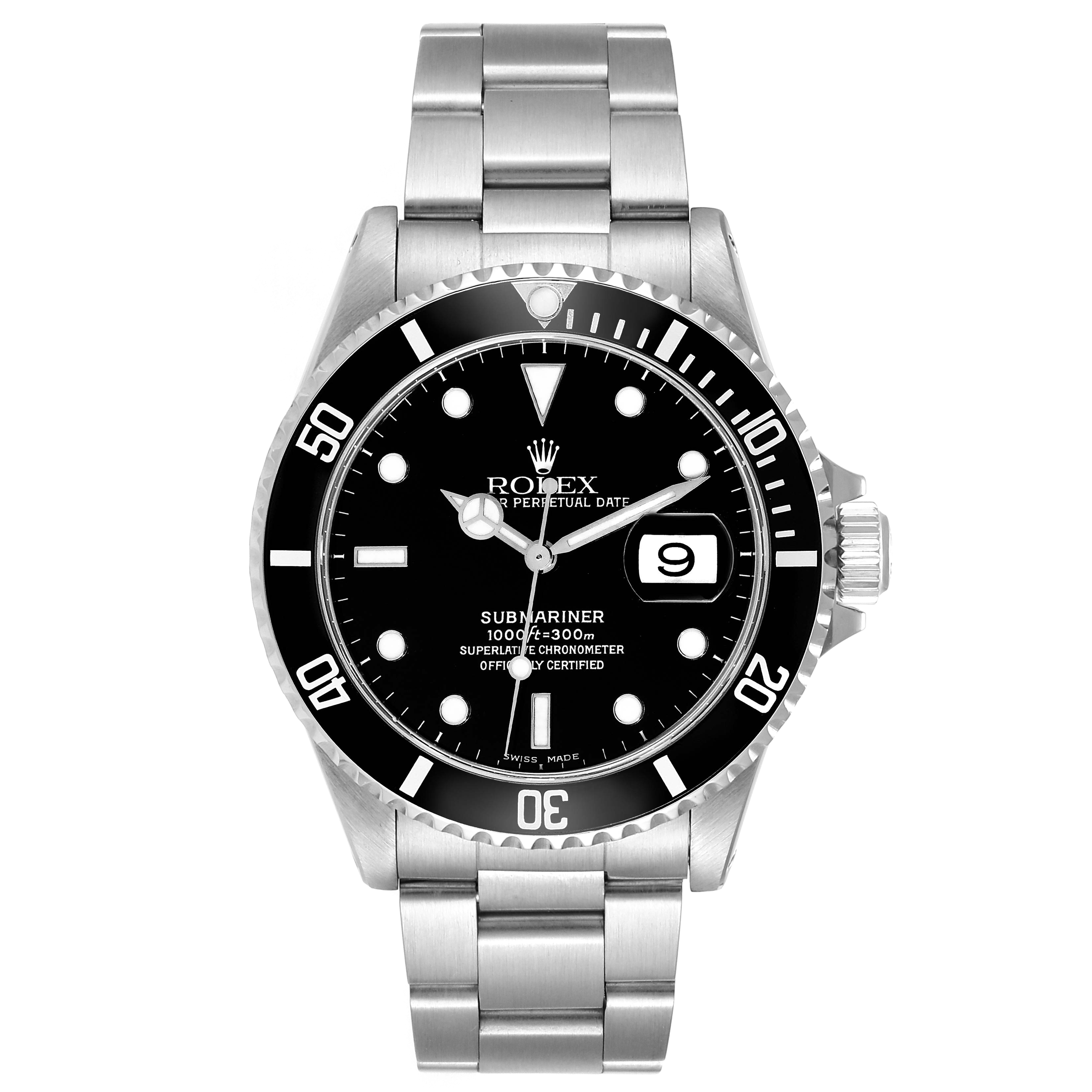 The image shows a frontal view of a Rolex Submariner 16610 Men
s Stainless Steel Black Dial 16610 Men
s Stainless Steel Black Dial watch, displaying its dial, bezel, crown, and bracelet.