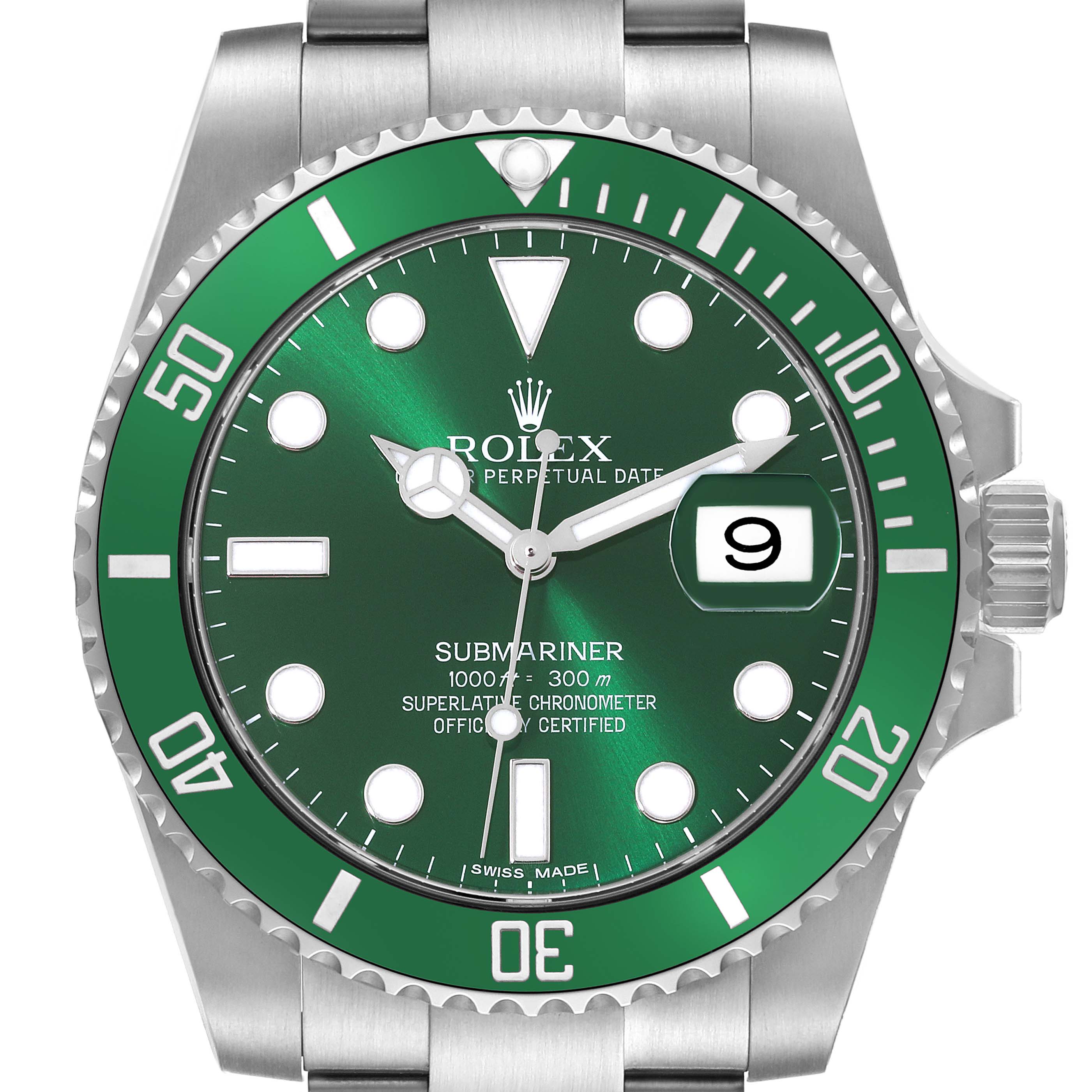 The image shows a Rolex Submariner 116610LV Men's Stainless Steel Green Dial 116610LV Men's Stainless Steel Green Dial watch face and bezel, including its green dial, date window, and stainless steel bracelet from a frontal angle.