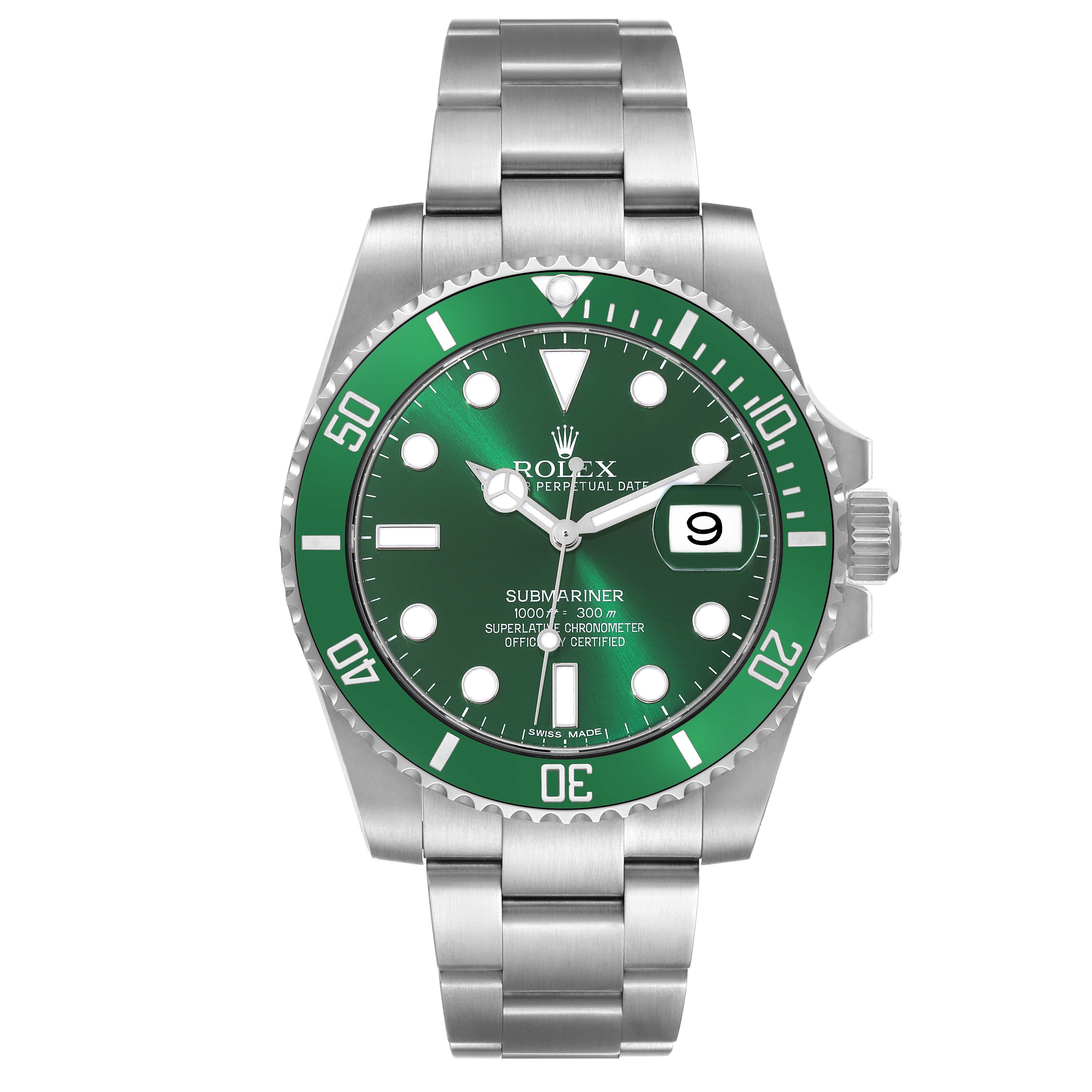 The image shows a front view of a Rolex Submariner 116610LV Men's Stainless Steel Green Dial 116610LV Men's Stainless Steel Green Dial watch with a green bezel and dial, and stainless steel bracelet.